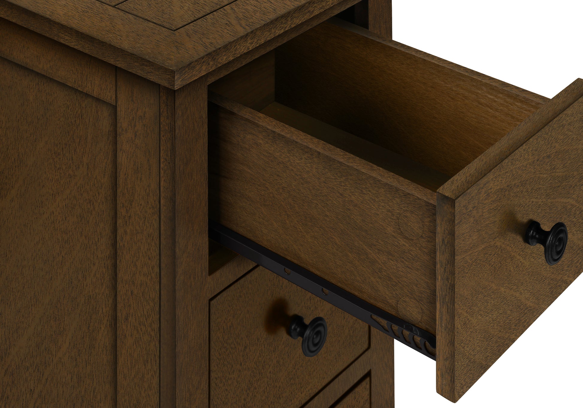Dark wood dresser with one drawer partially open revealing internal space and metal runners