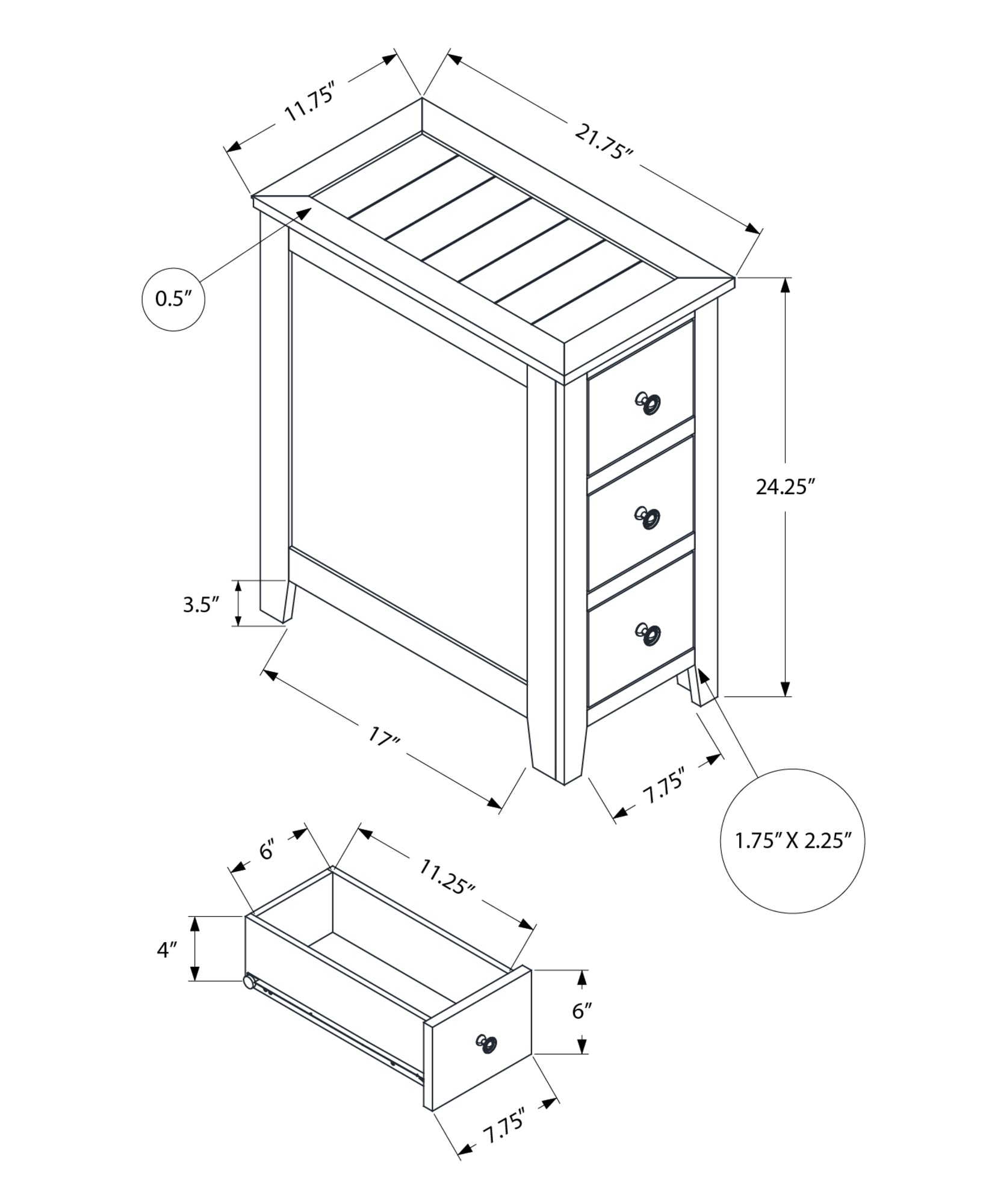 Diagram of a drawer end table  H x  W x  D with knob details