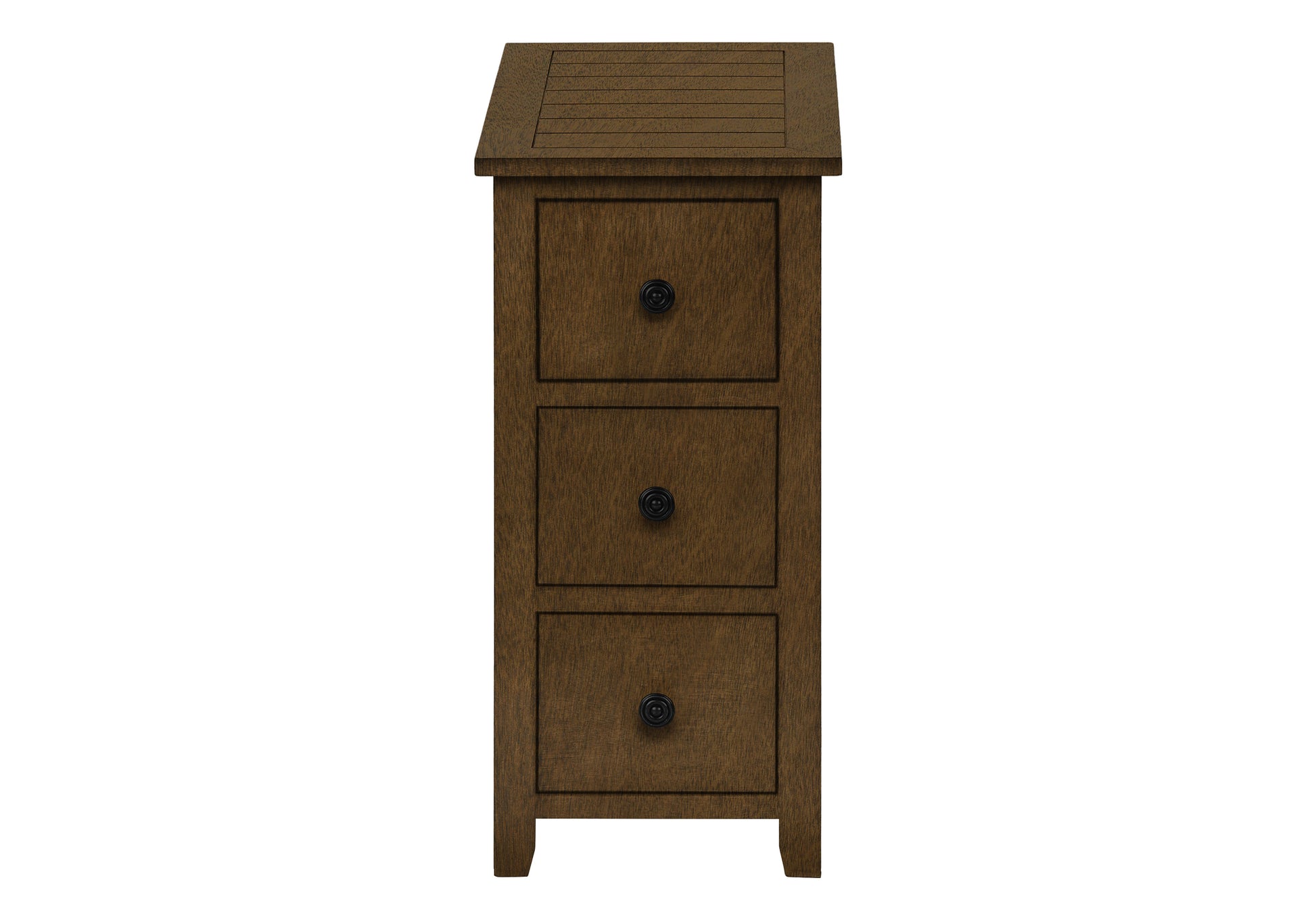 Dark brown wooden narrow bedside table with three drawers and black knobs
