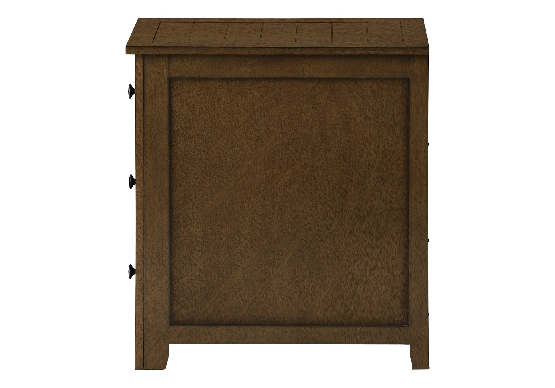 Dark brown wooden dresser with three visible black knobs on its side