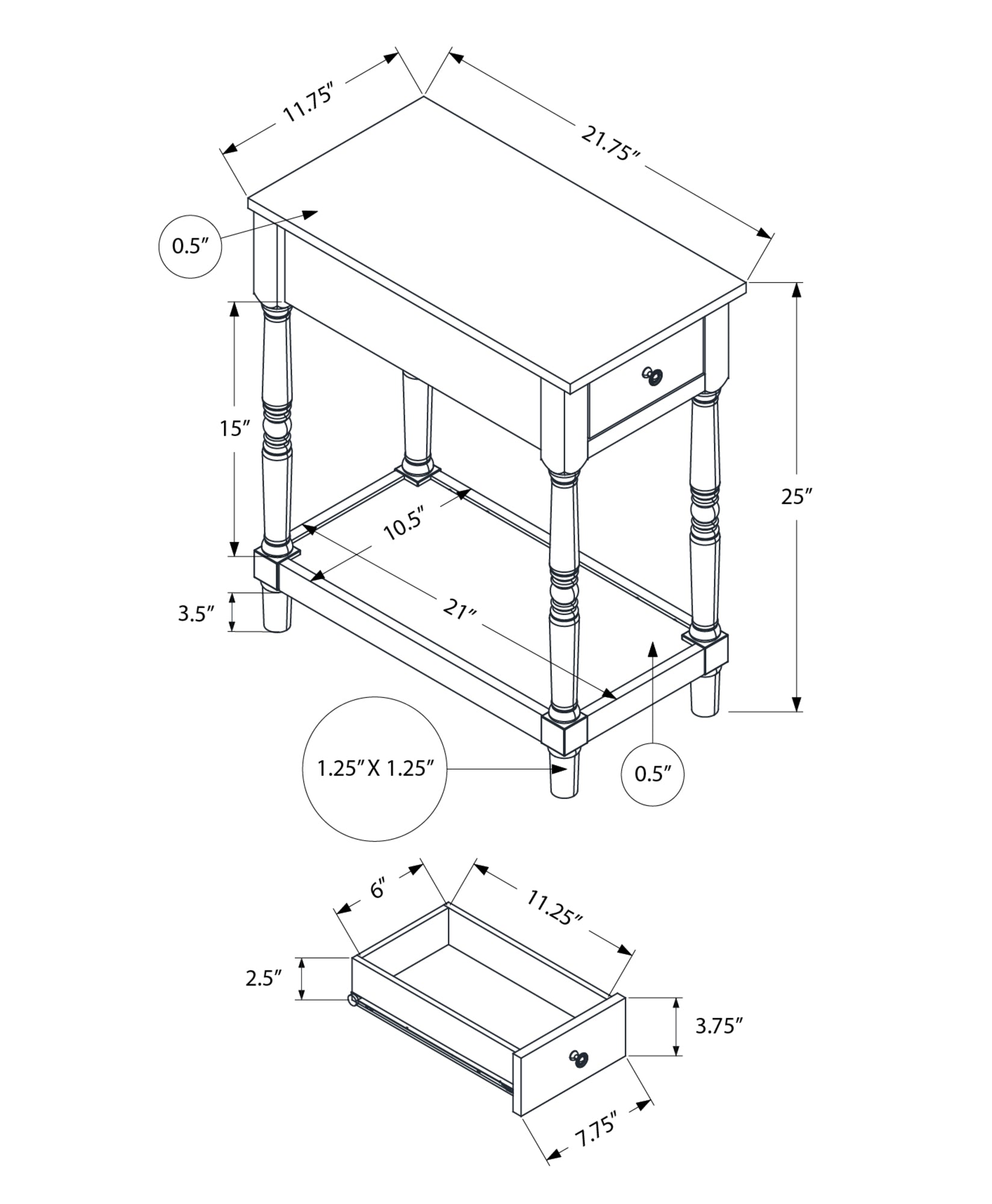 Detailed diagram of a white accent table with dimensions for height width and depth featuring a drawer and lower shelf