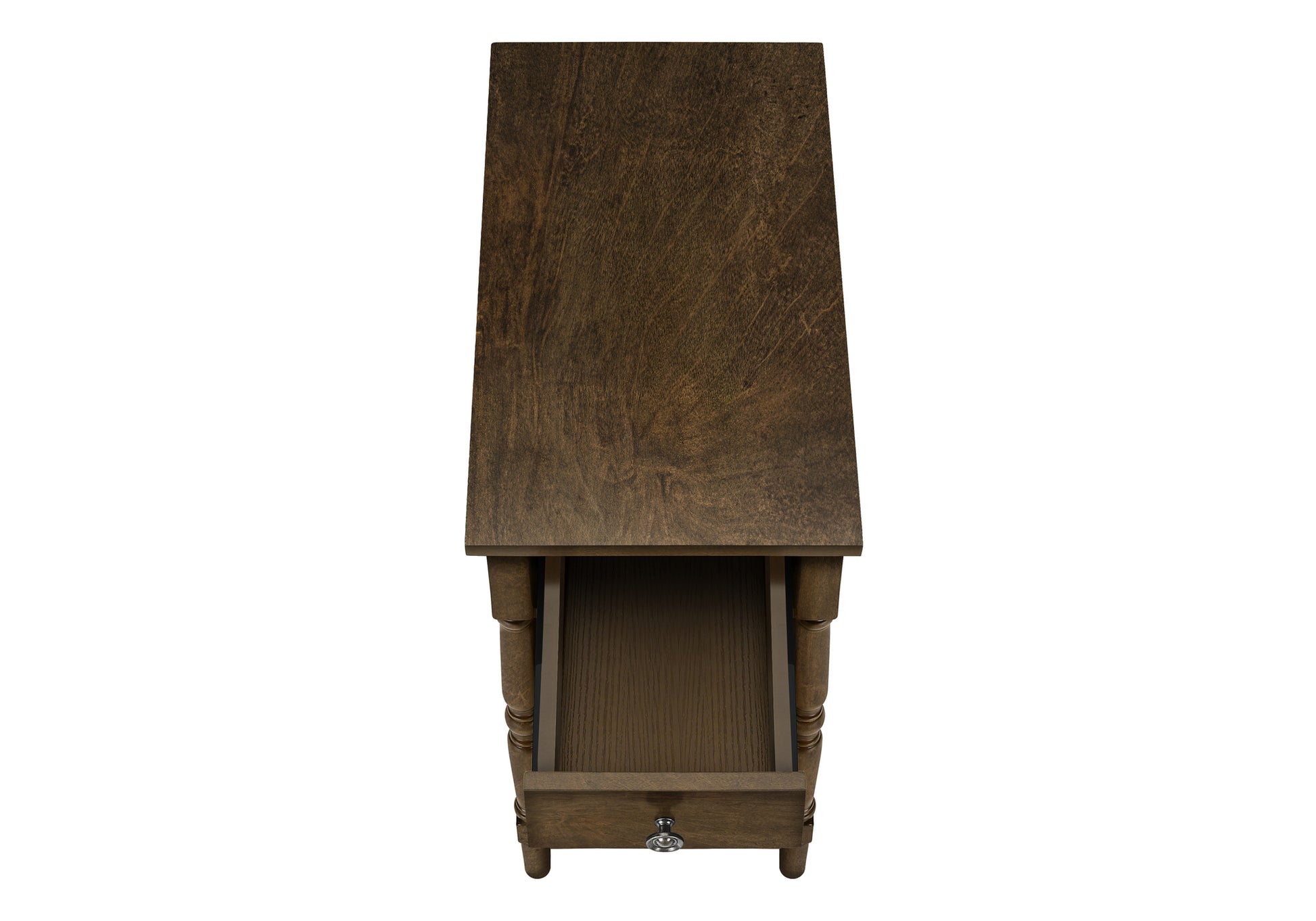 Dark brown wooden end table with one open drawer and silver knob