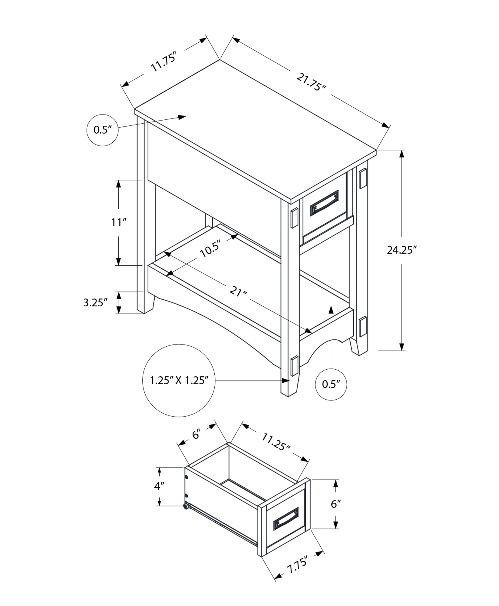 Technical drawing of a wooden end table with dimensions featuring one drawer and a shelf