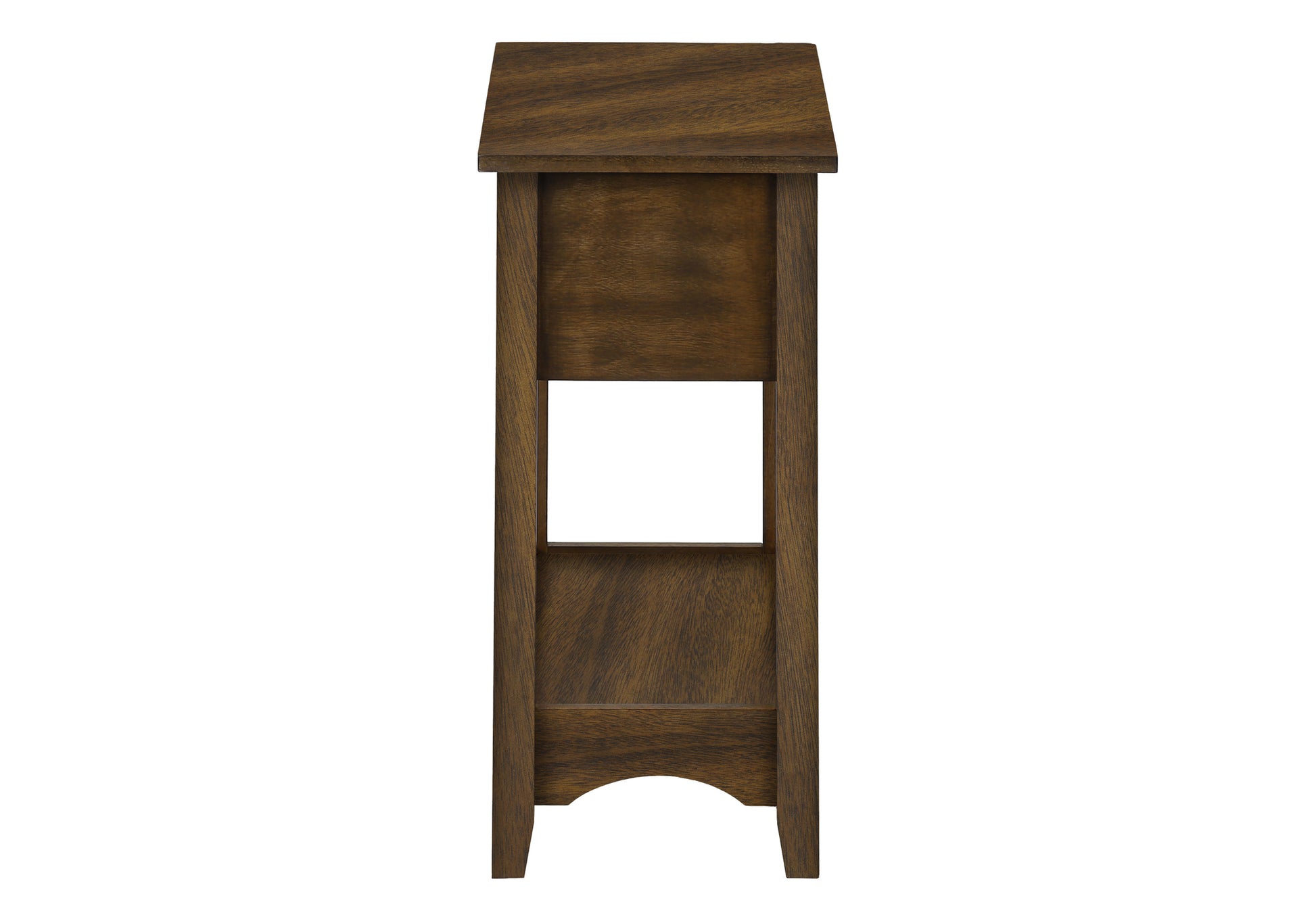Dark wood entry table with open shelf and angled top