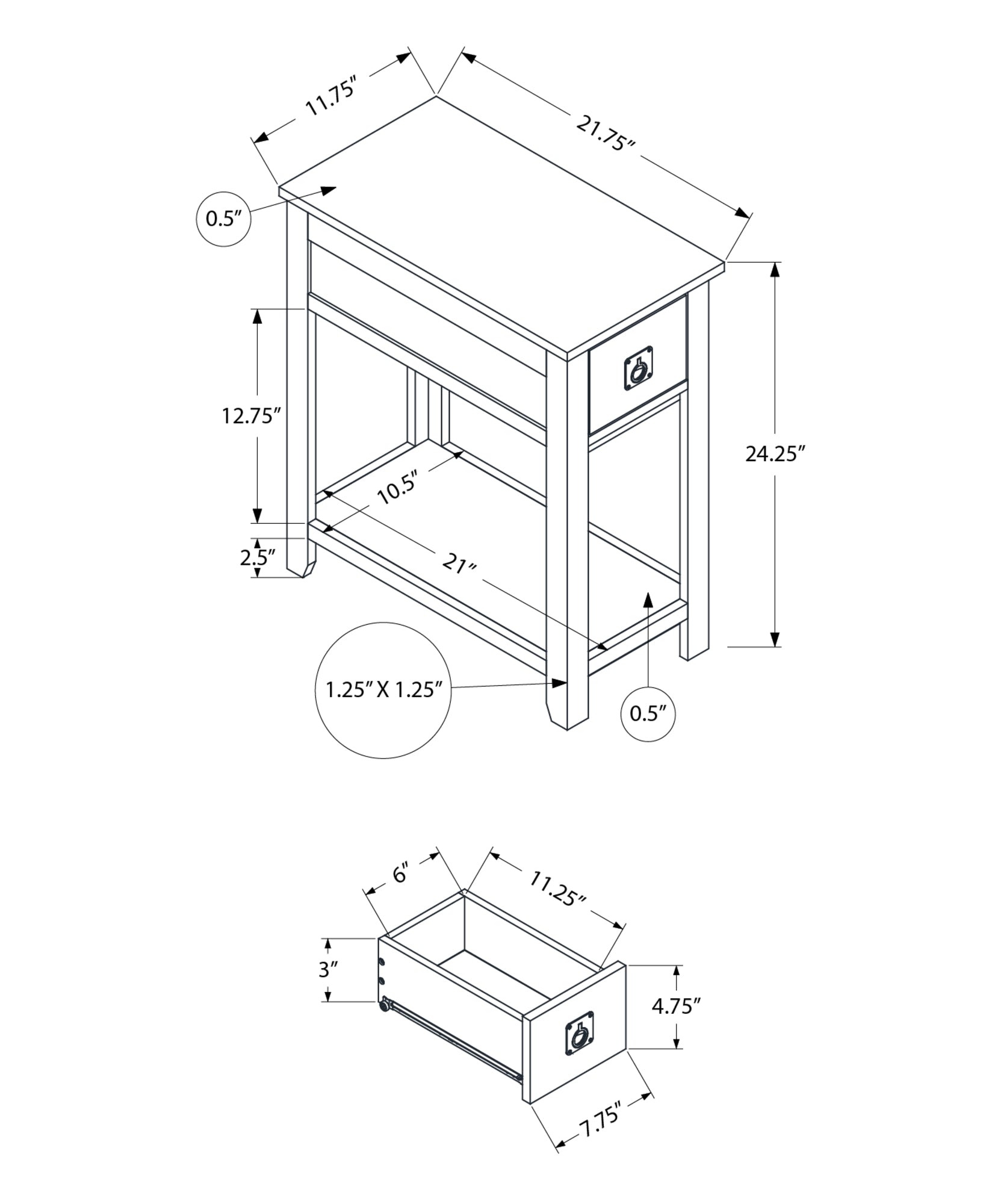 Diagram of an end table with dimensions  W x  D x  H
