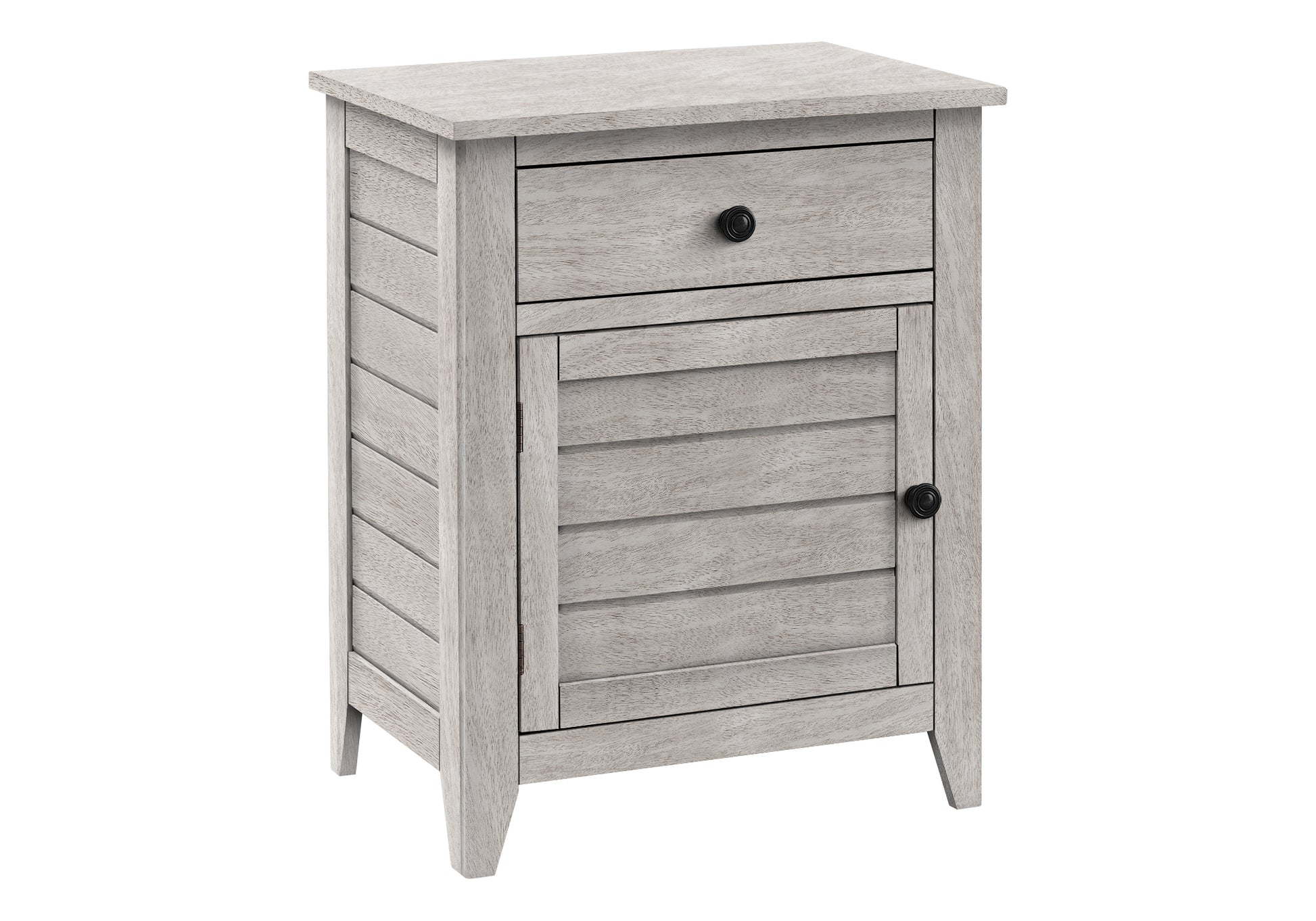 White slatted wood bedside table with one drawer and one cabinet door