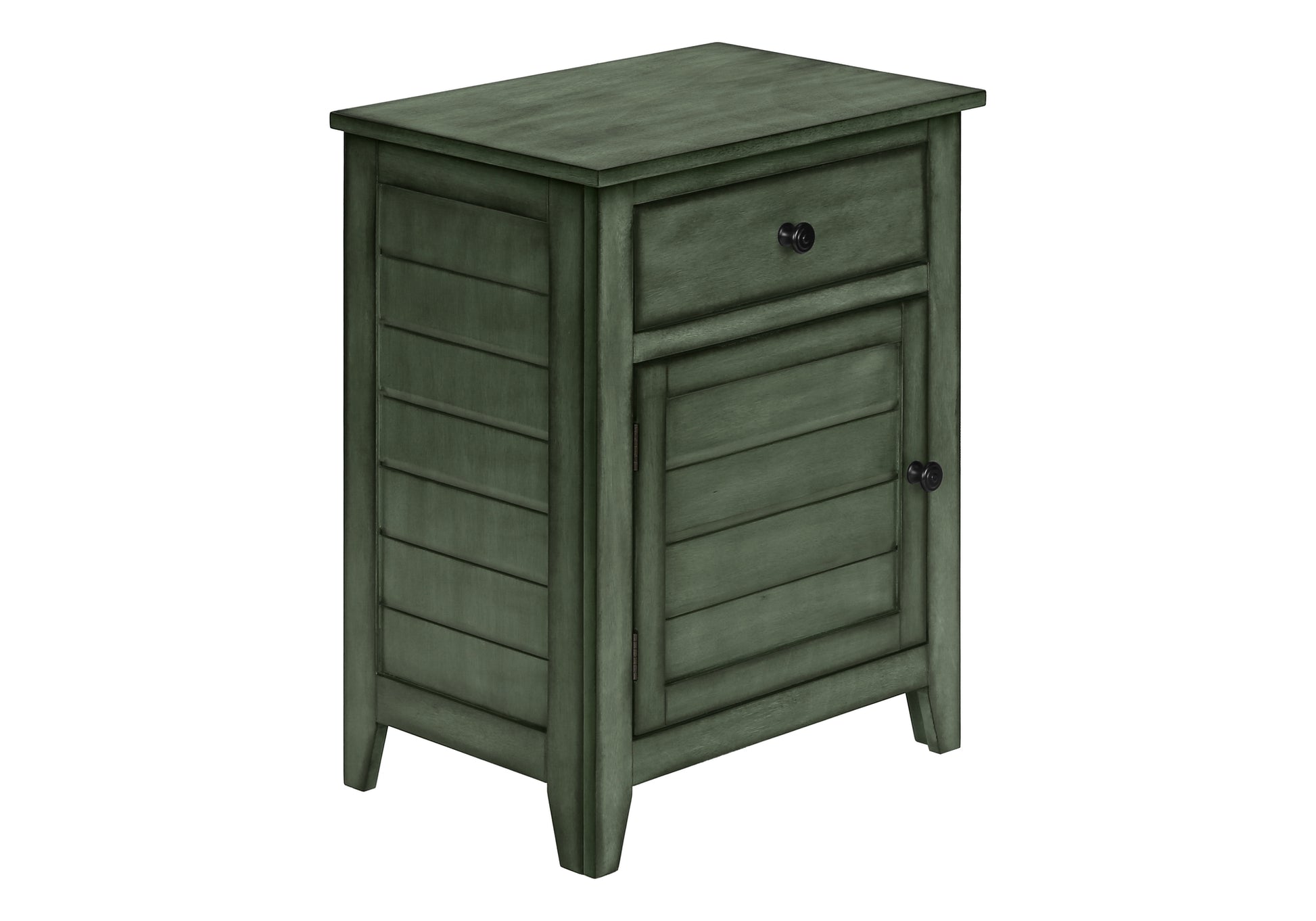 Green wooden nightstand with one drawer and a cabinet door featuring slatted details and black knobs
