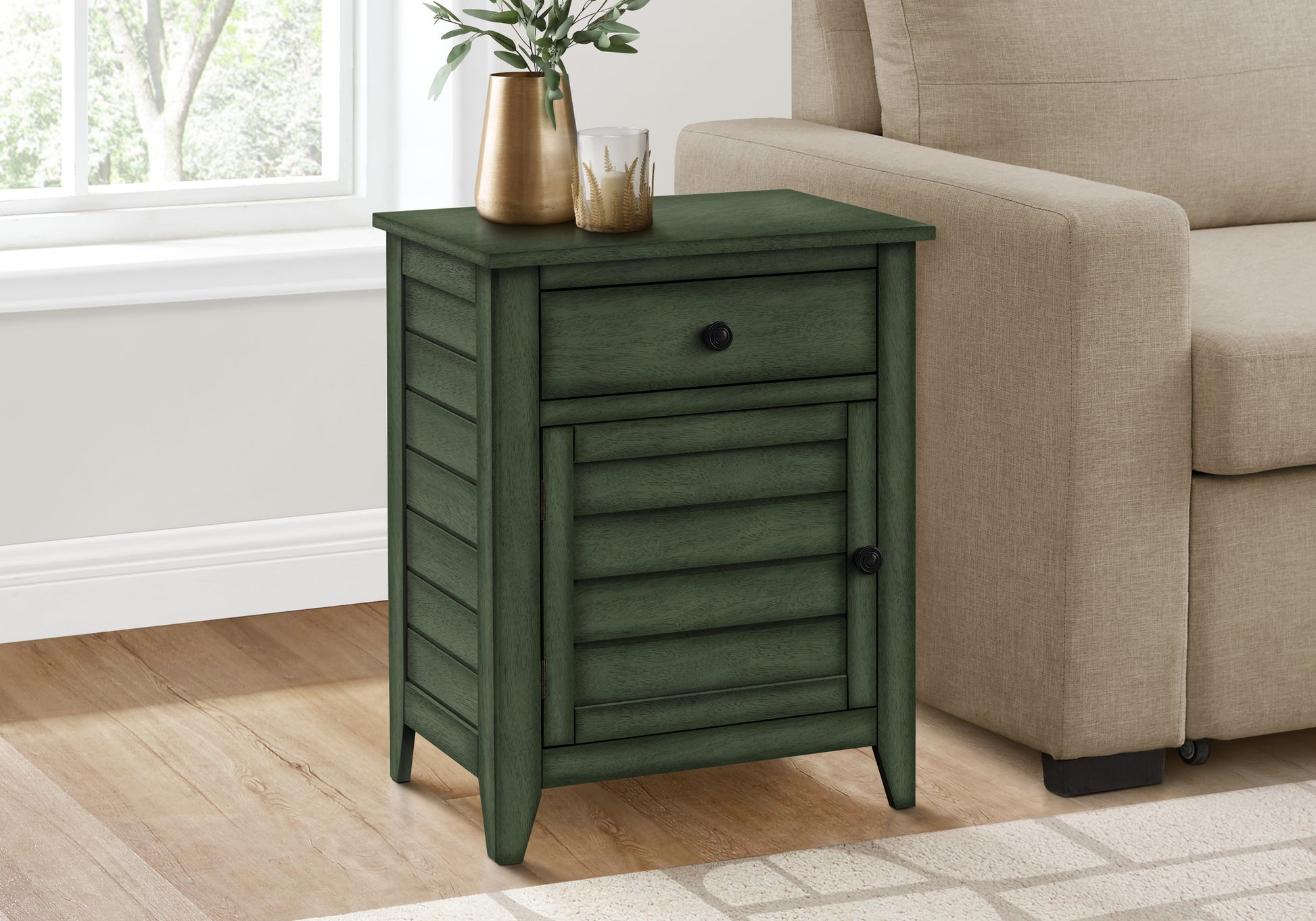 Dark green wooden nightstand with one drawer and louvered cabinet door