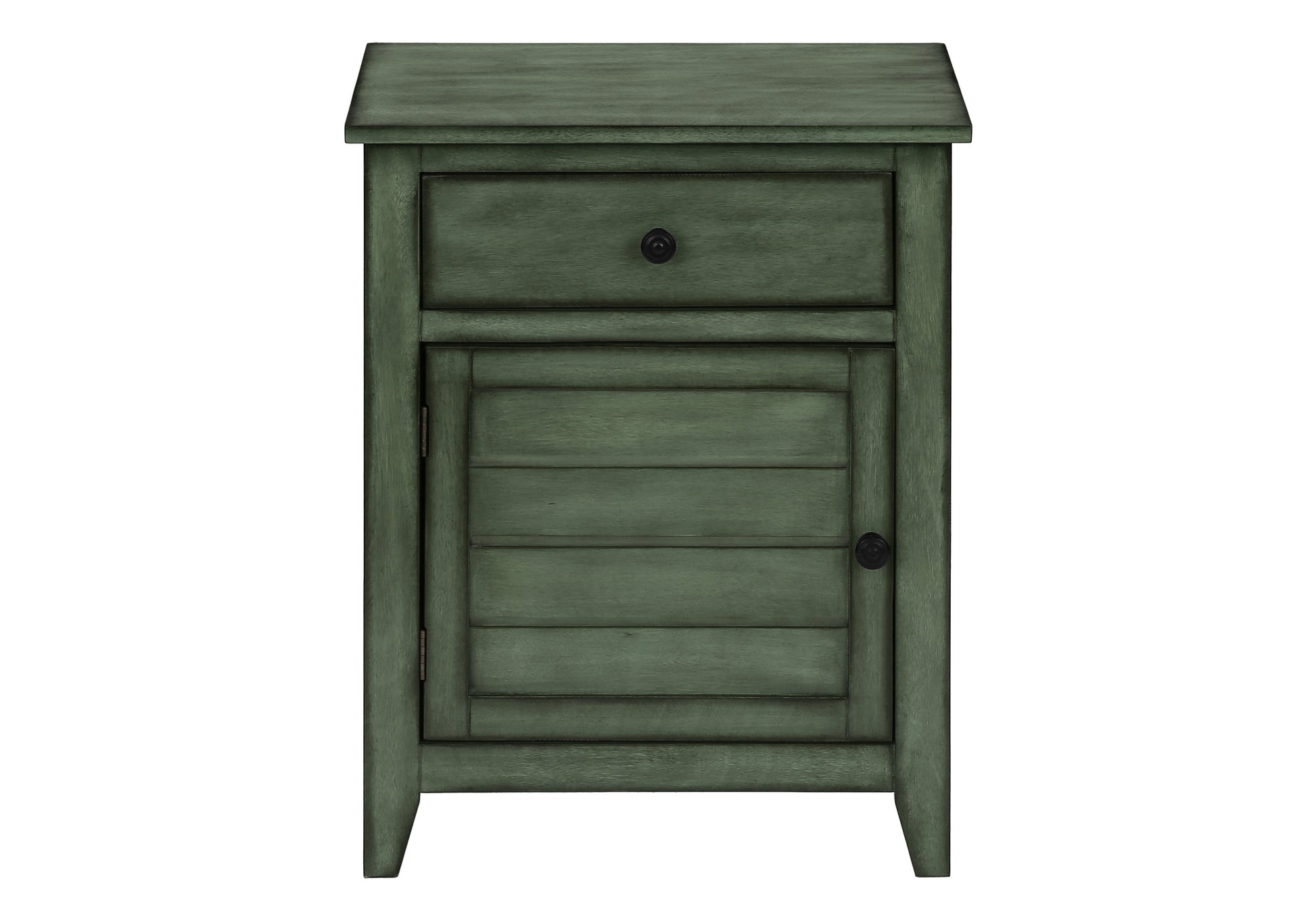 Distressed green wood bedside table with one drawer and cabinet door