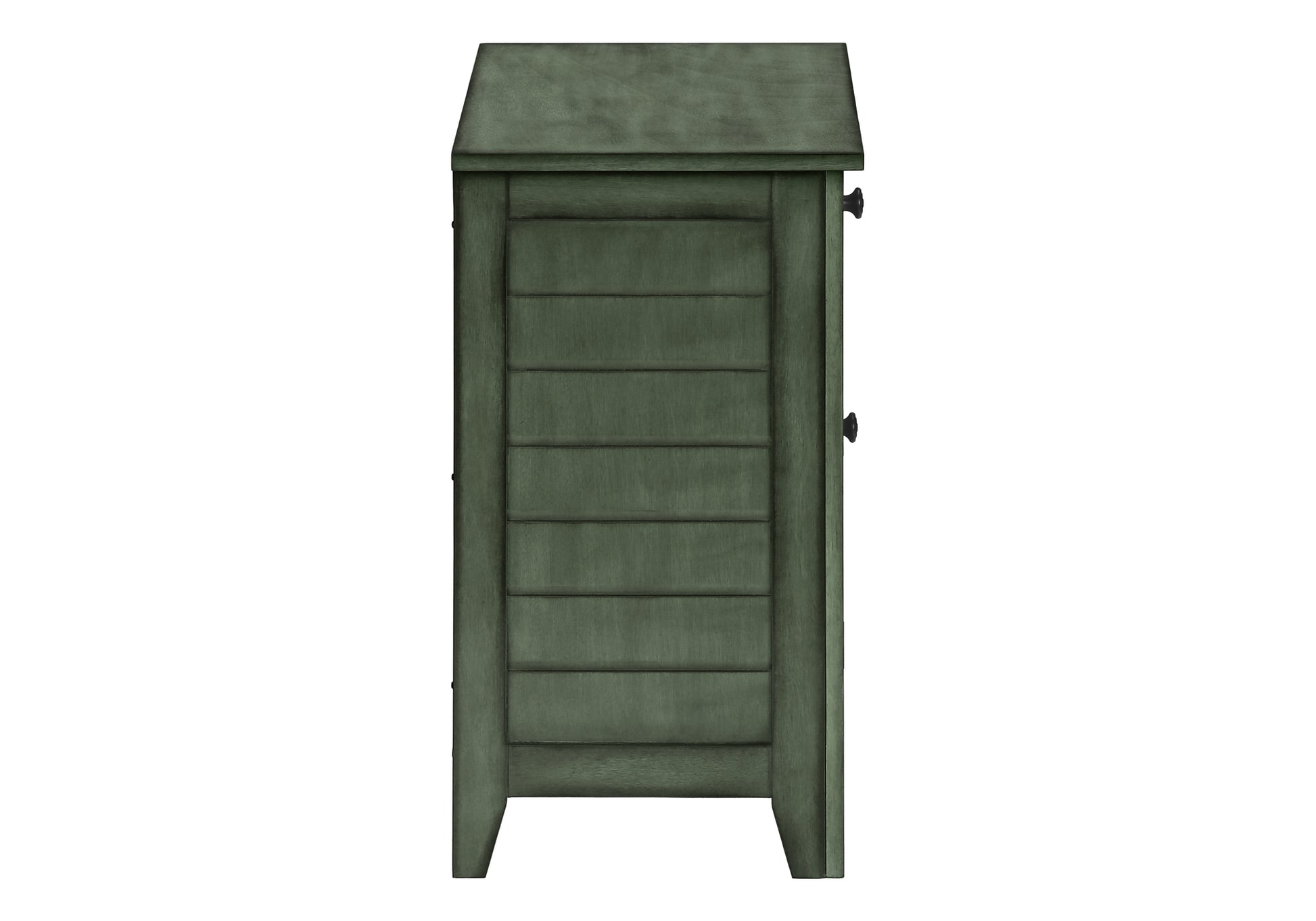 Dark green louvered bedside cabinet with dark metal knobs on white background
