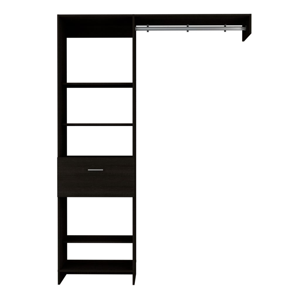 Dark wood closet organizer with shelves and a hanging rod