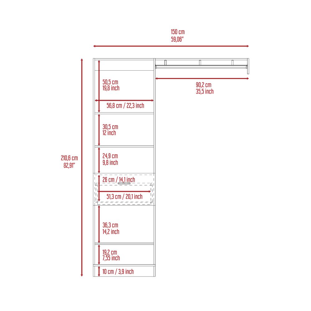 Wardrobe dimensions diagram showing height  cm width  cm and shelf depths
