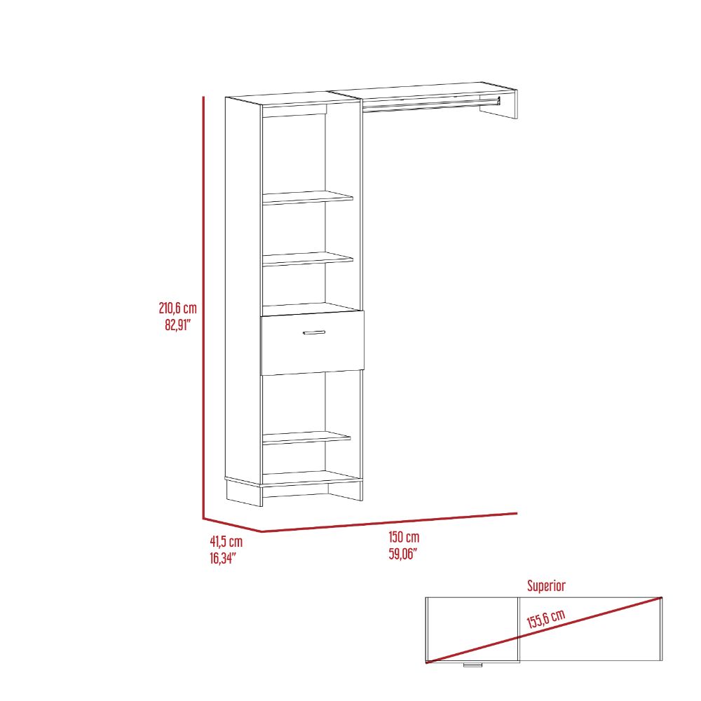 Line drawing of a white closet unit with open shelves and a drawer