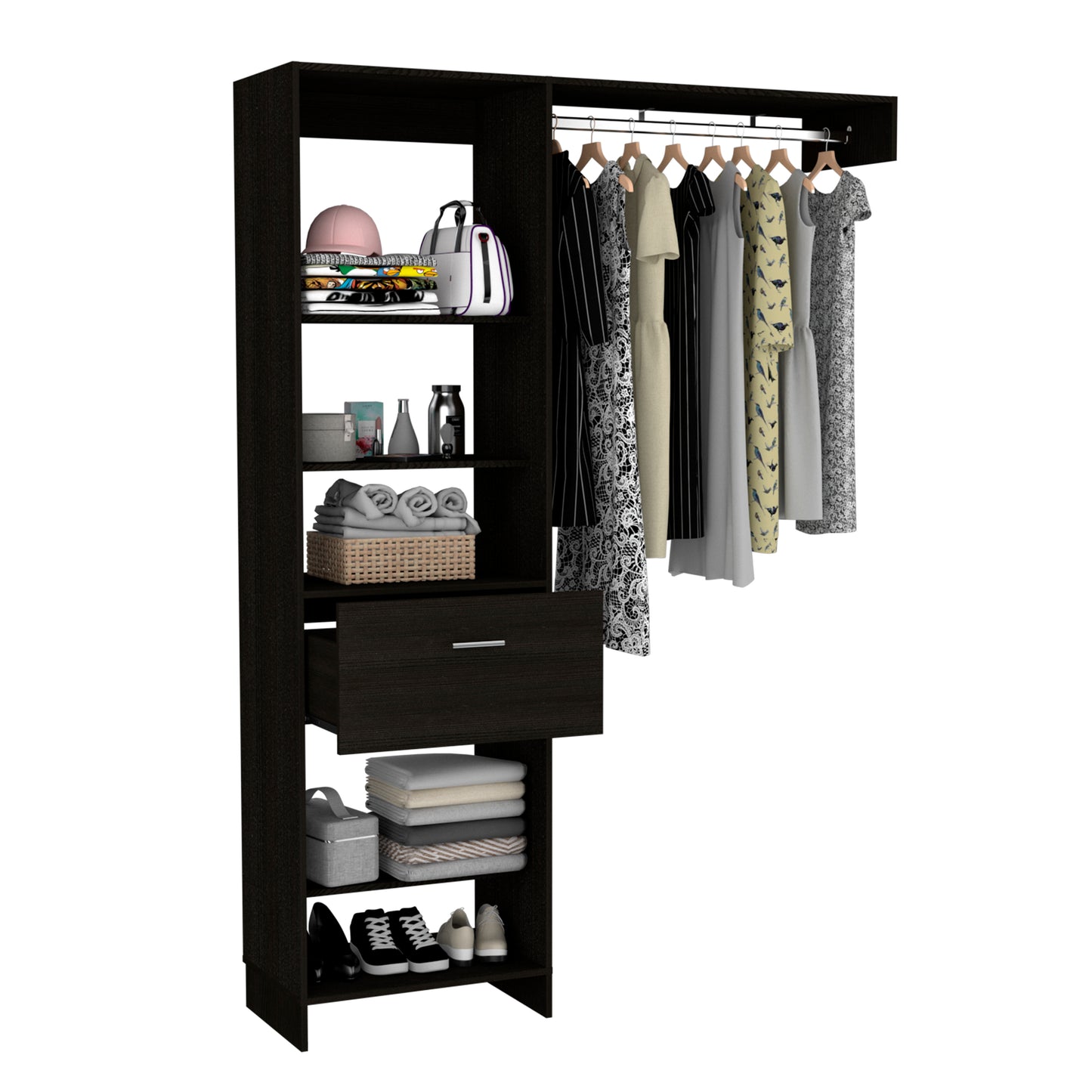 Dark wood closet organizer with hanging clothes and shelves