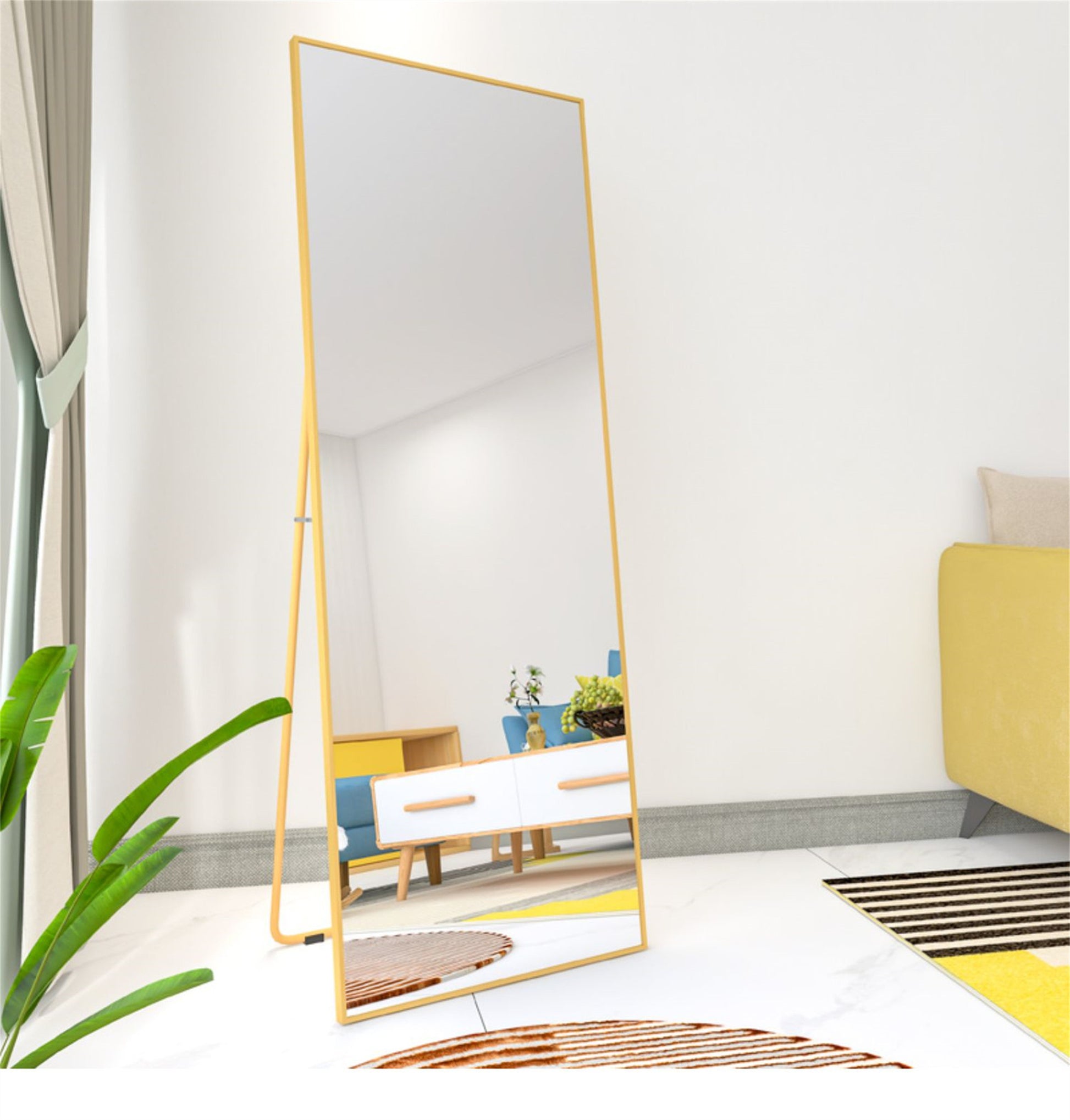Fulllength gold framed floor mirror with a minimalist easel stand