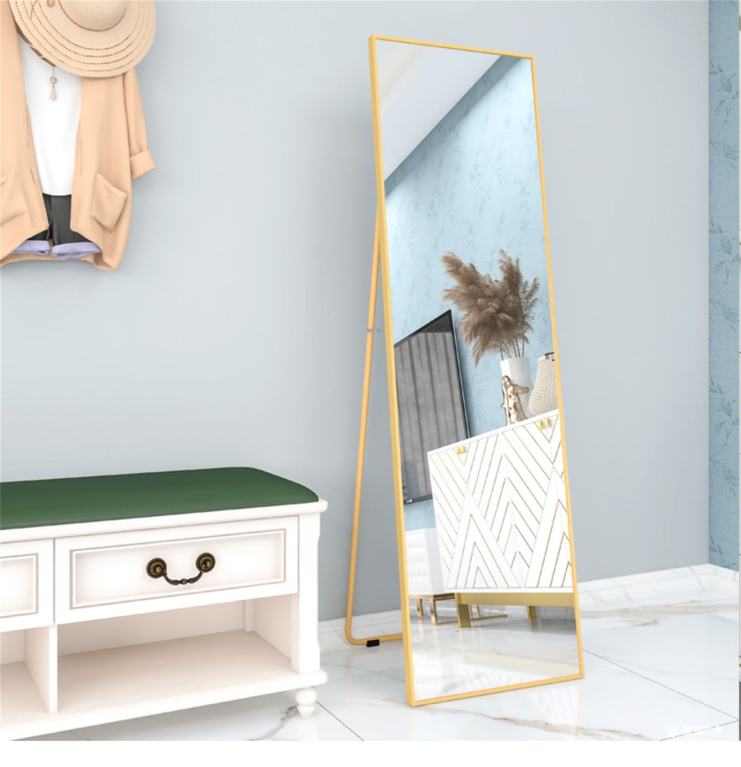 Tall floor mirror with thin gold frame