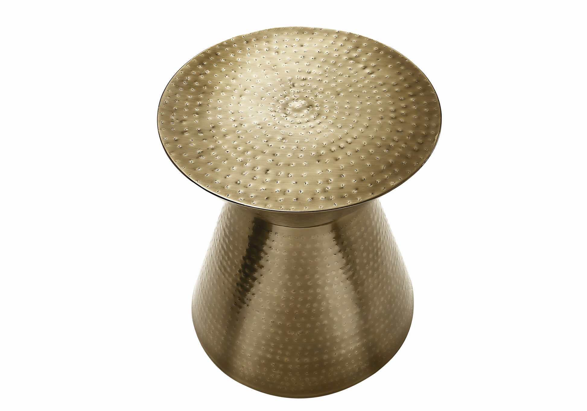 Hammered brass side table with textured surface and tapered base