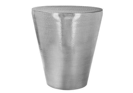 Hammered silver metal drum side table with a wide top and tapered body