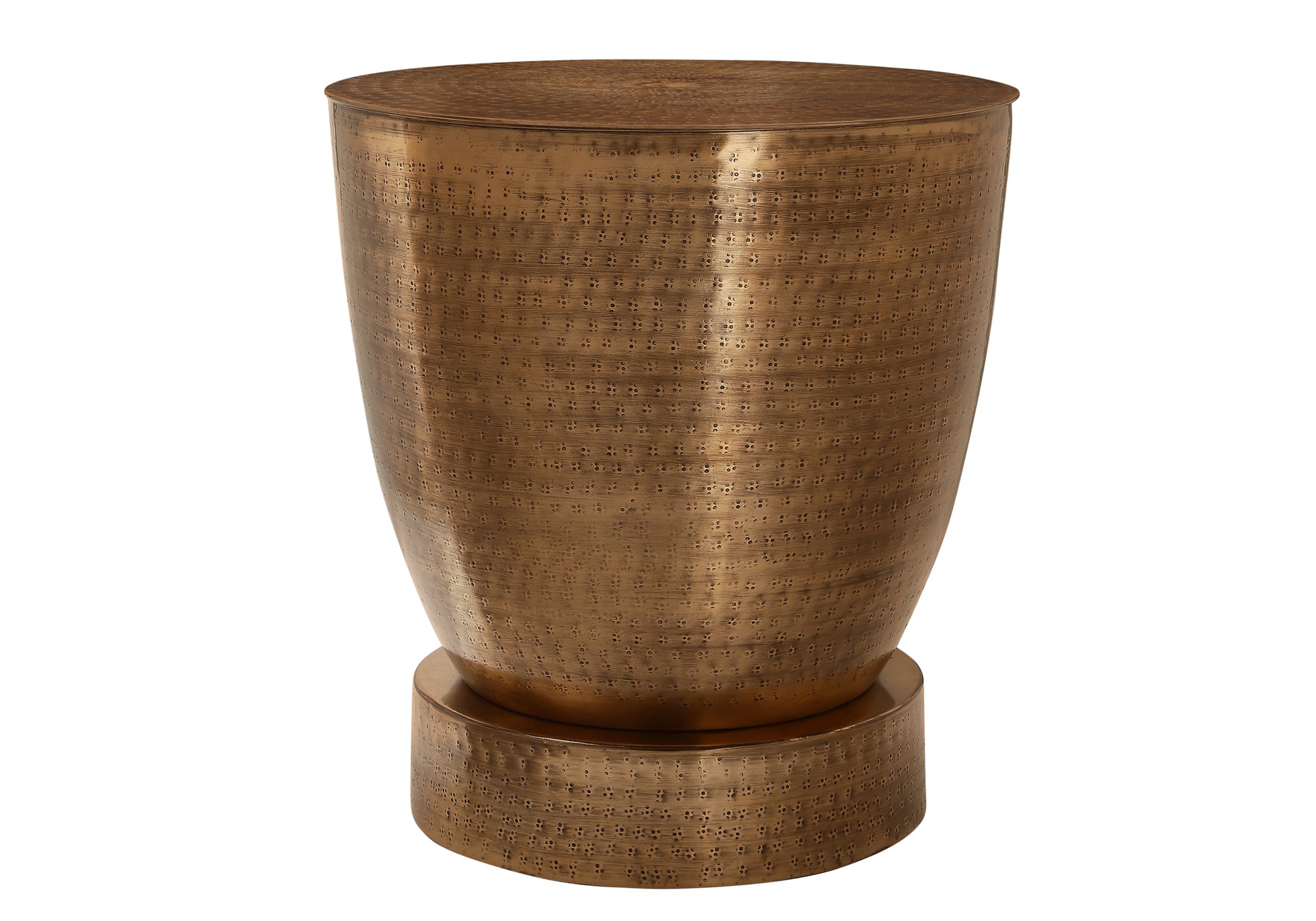 Antique brass end table with textured hammered surface and tapered cylindrical body