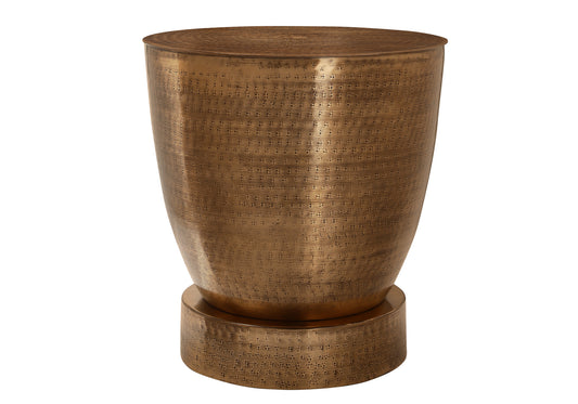 Antique brass end table with textured hammered surface and tapered cylindrical body