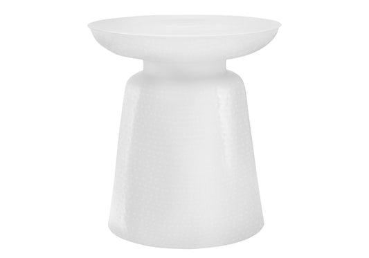 Modern white textured side table with a tapered base and round top