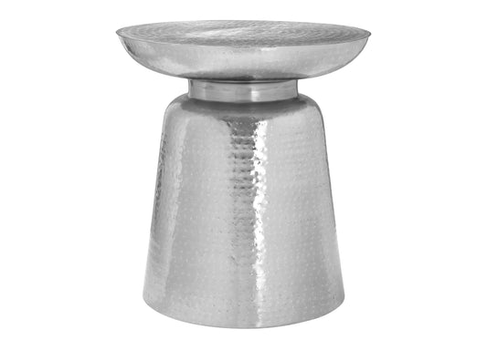 Silver hammered metal accent table with textured top surface