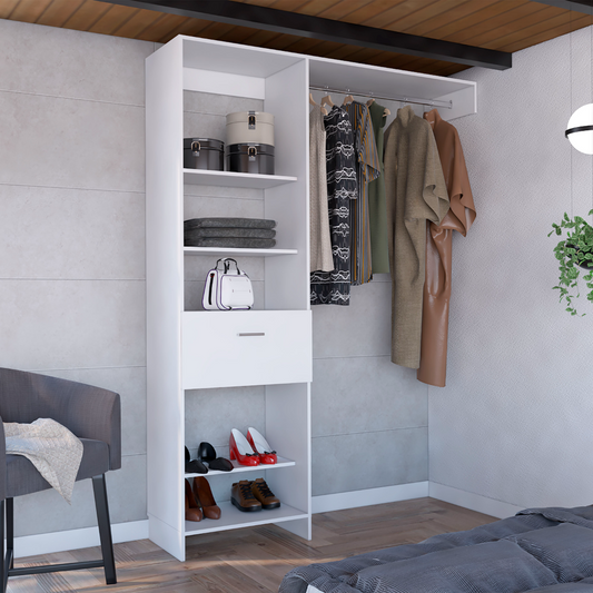 Modern white closet organizer with shelves and hanging rod