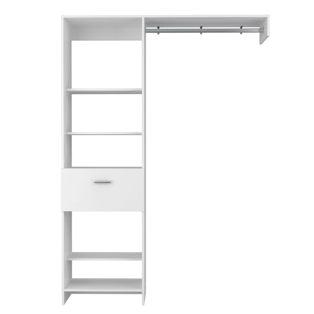 White modular closet system with open shelves and hanging rod