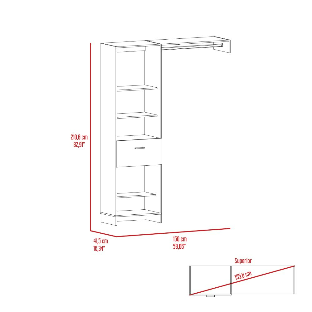 White modular wardrobe unit with shelves and drawer