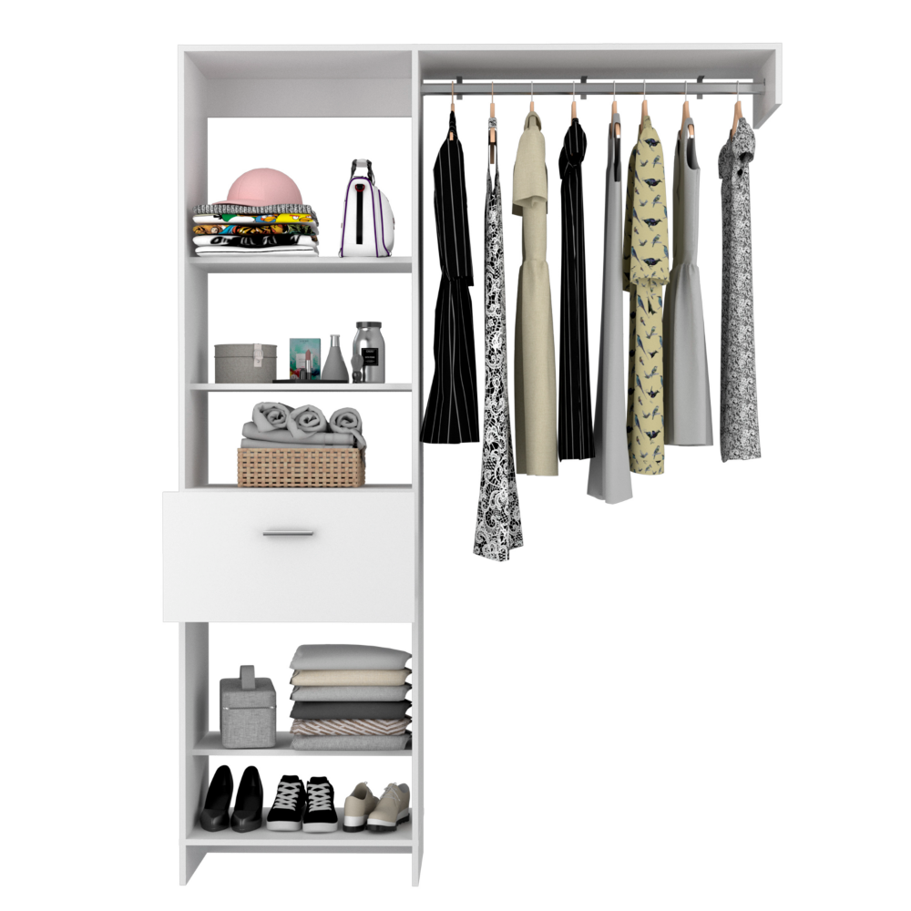 White closet organizer with hanging clothes and stacked storage