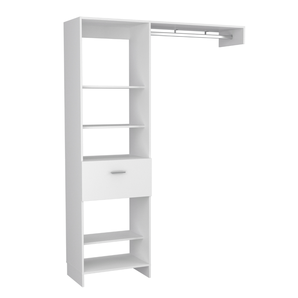 White modular closet organizer with adjustable shelves and single drawer