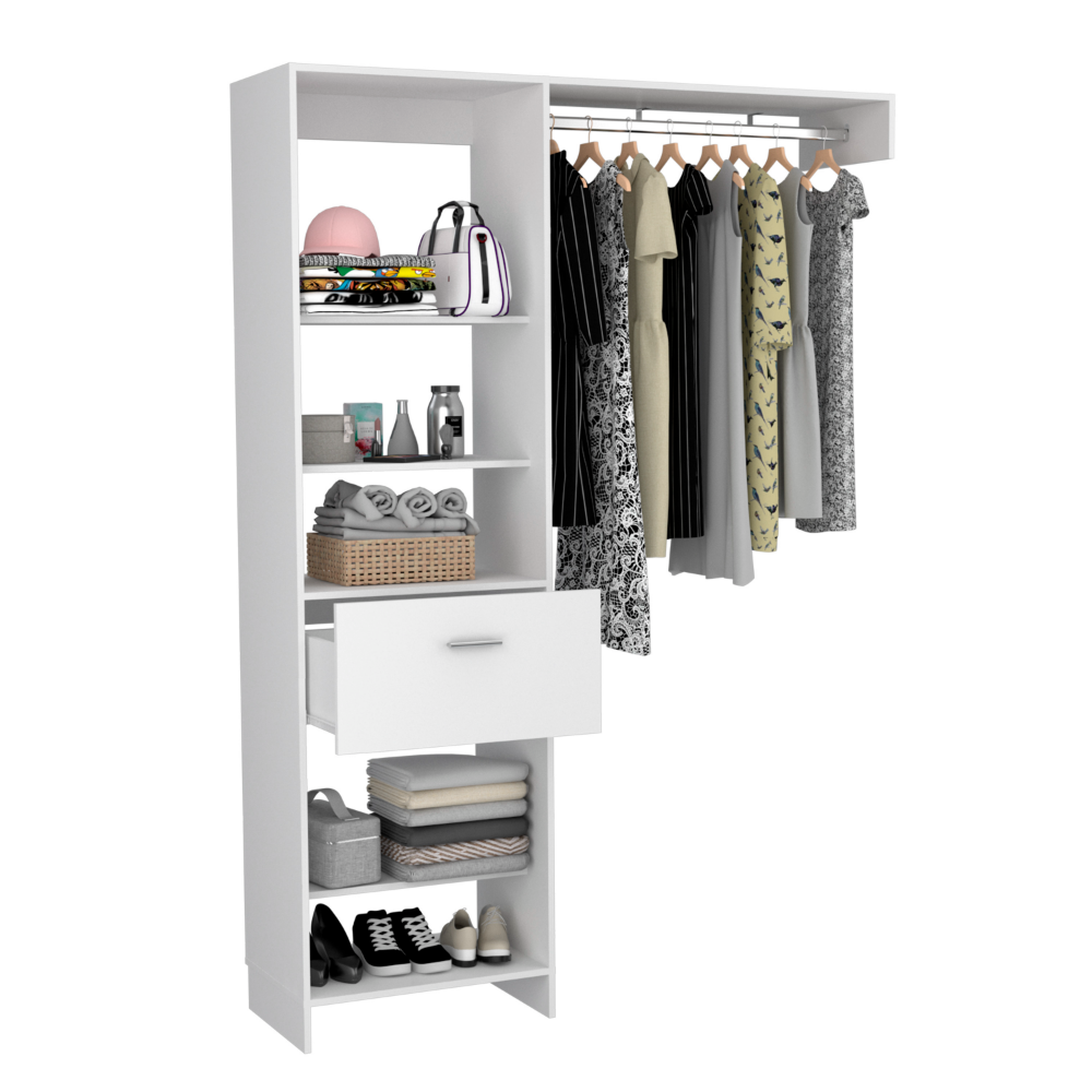 White modern closet organizer with hanging rod and shelves