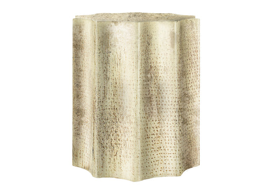 Textured beige pedestal with scalloped edges perfect accent table for any room