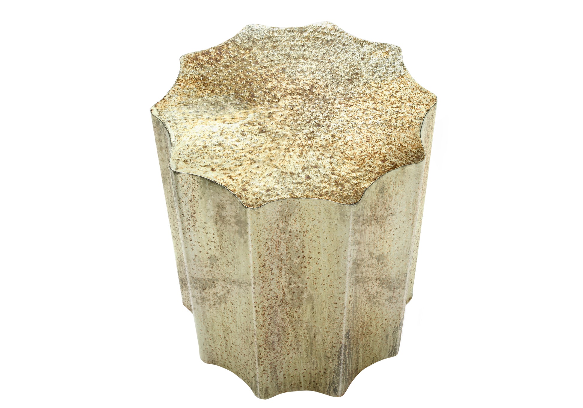Distressed metal accent stool with starburst top and antique gold finish