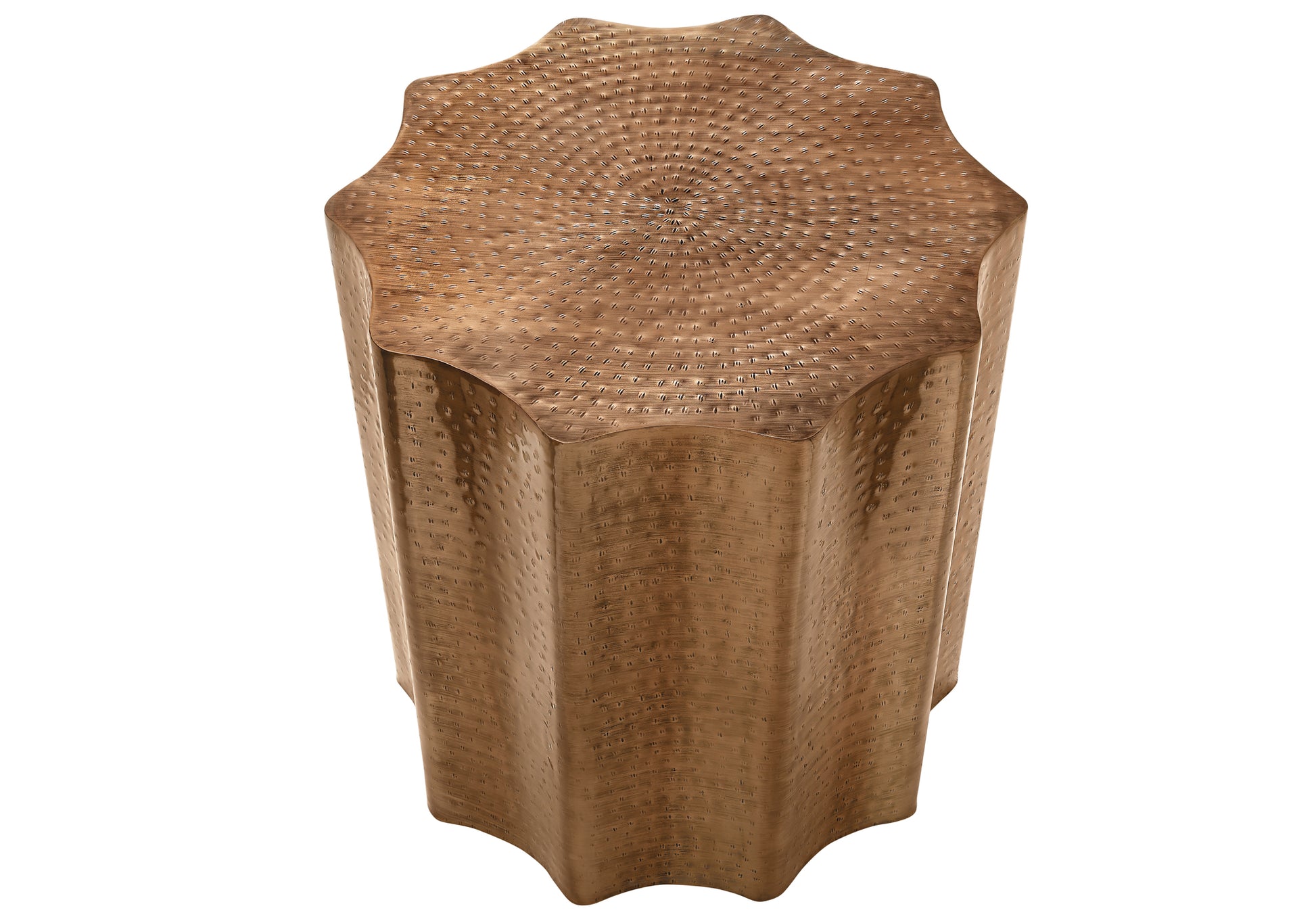 Antique bronze accent table with hammered starburst pattern on top and fluted sides