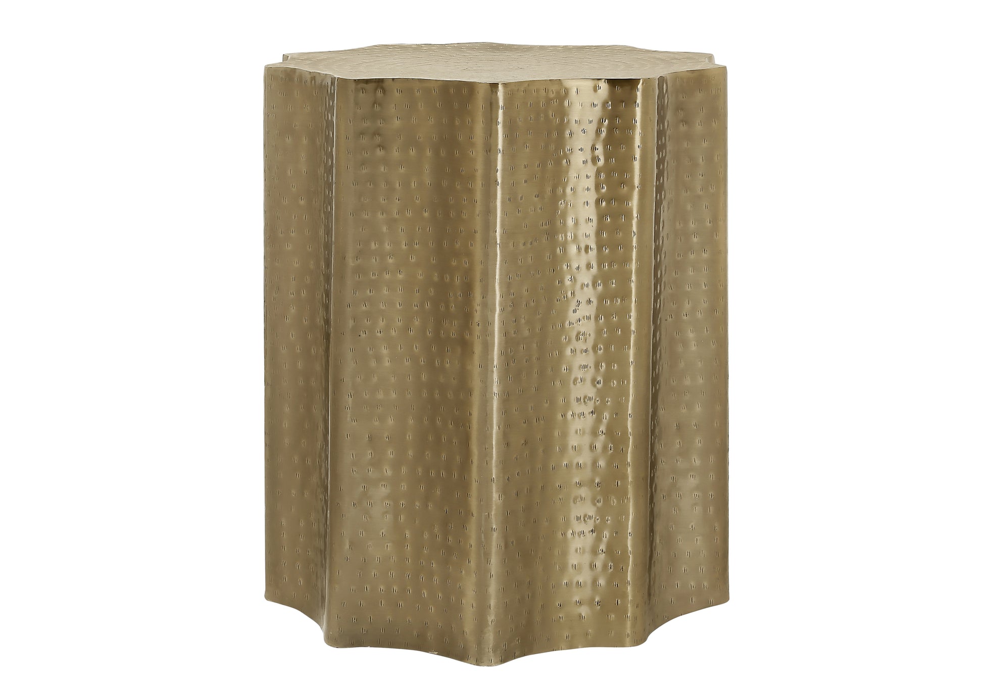 Hammered antique brass hexagonal pedestal table with textured finish
