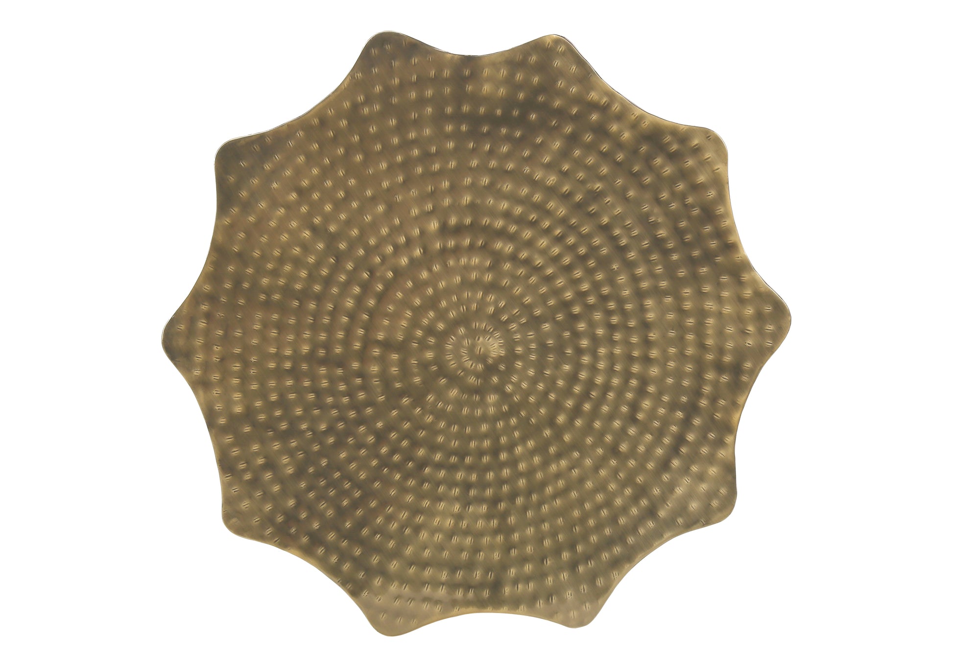 Textured brass starburst tray with concentric circles of dimples