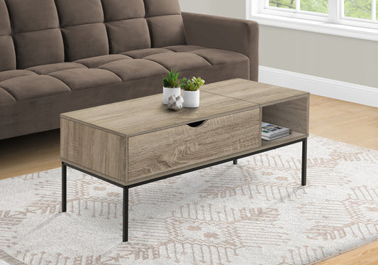 Modern oak finish coffee table with open storage shelf and drawer