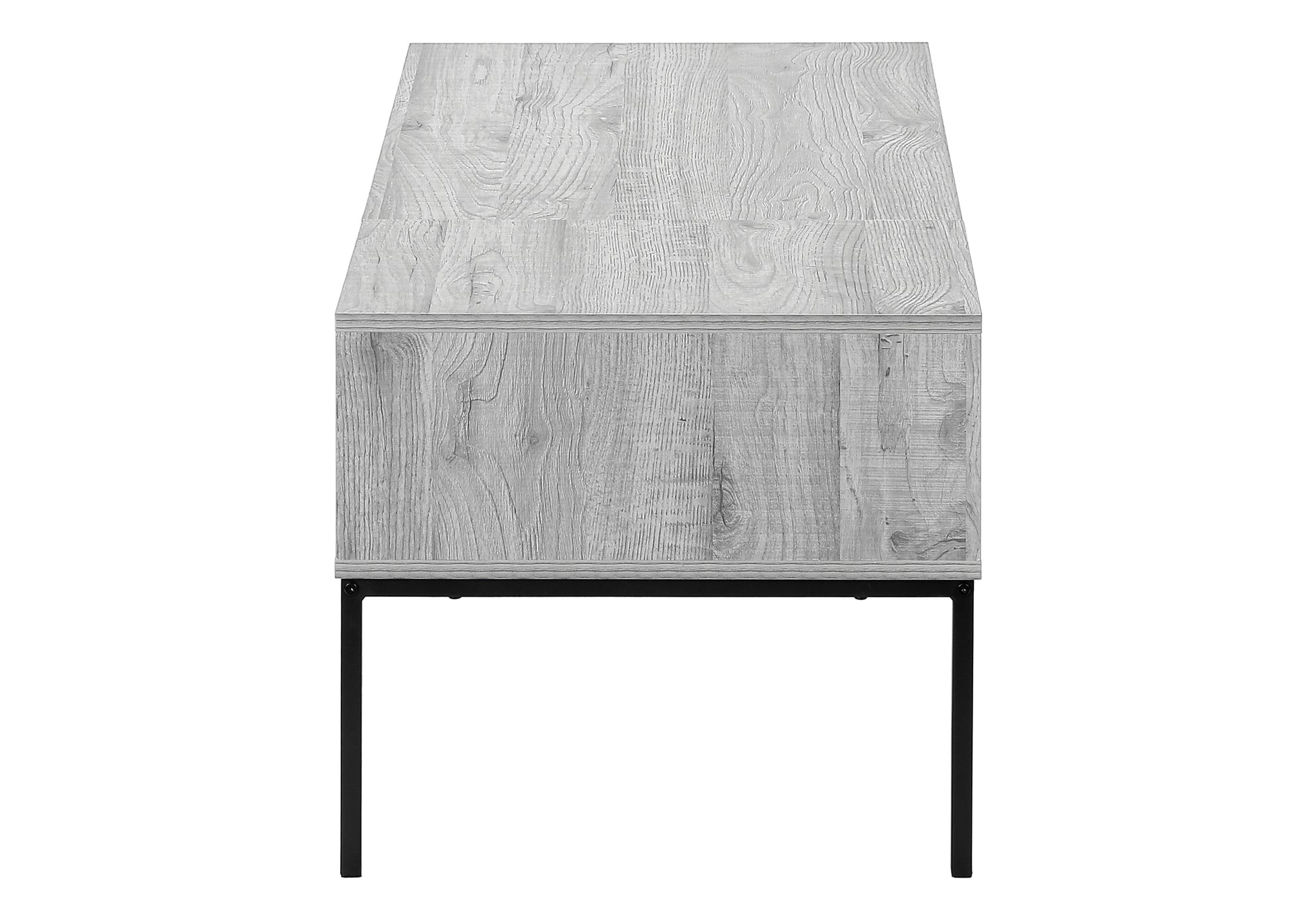 Modern grey wood accent table with black metal legs perfect for living rooms