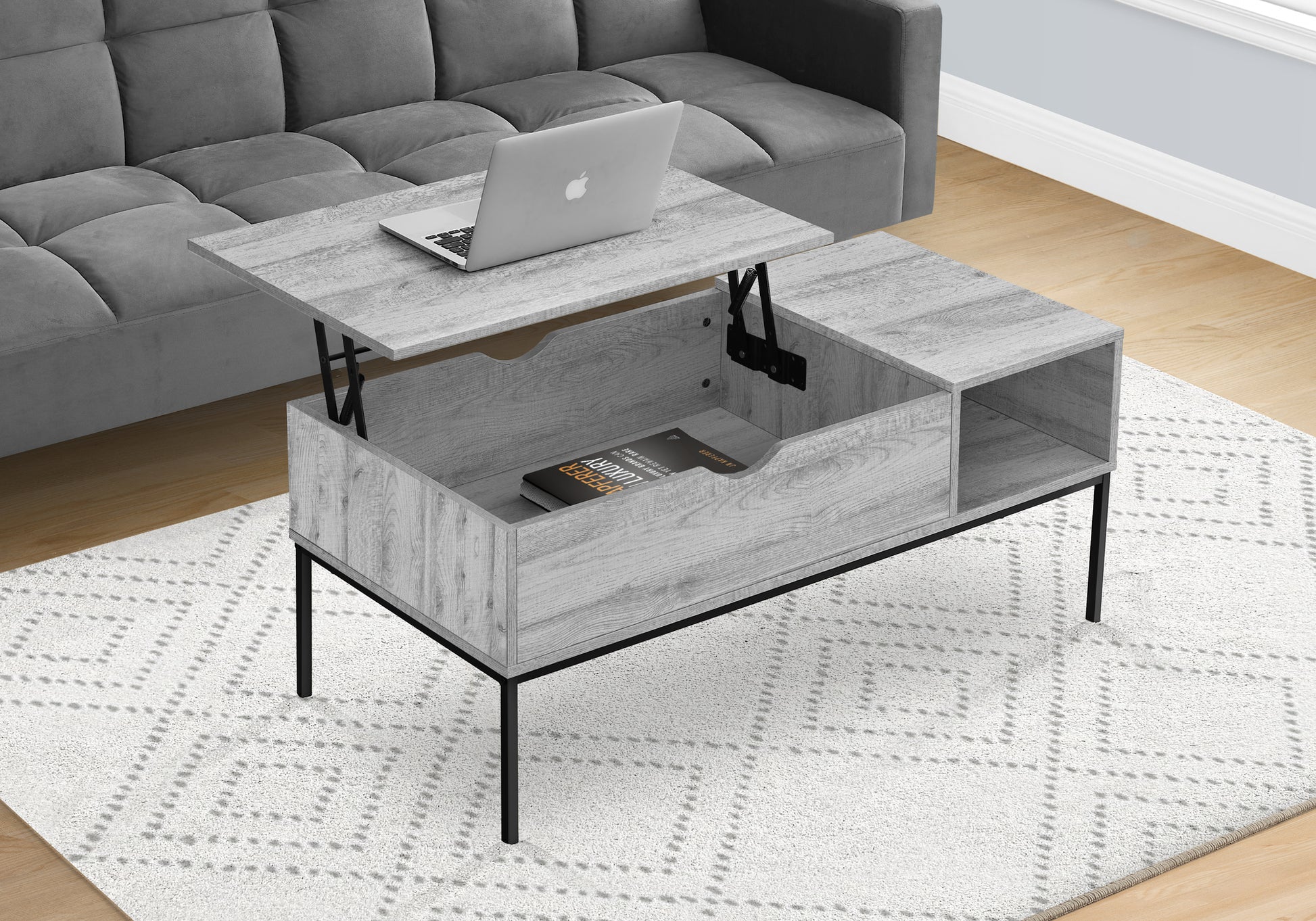 Grey wood lifttop coffee table with laptop and storage shelf