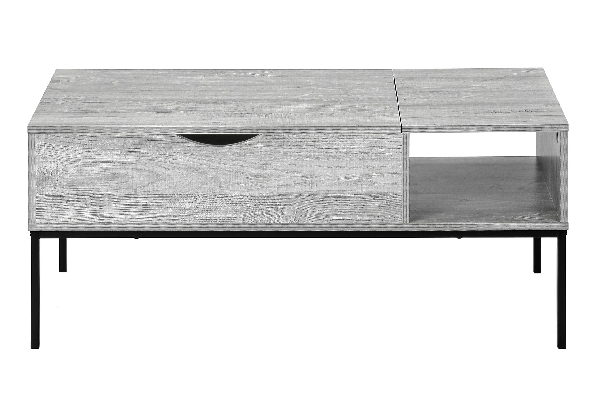 Modern grey wood coffee table with a single drawer and open shelf storage