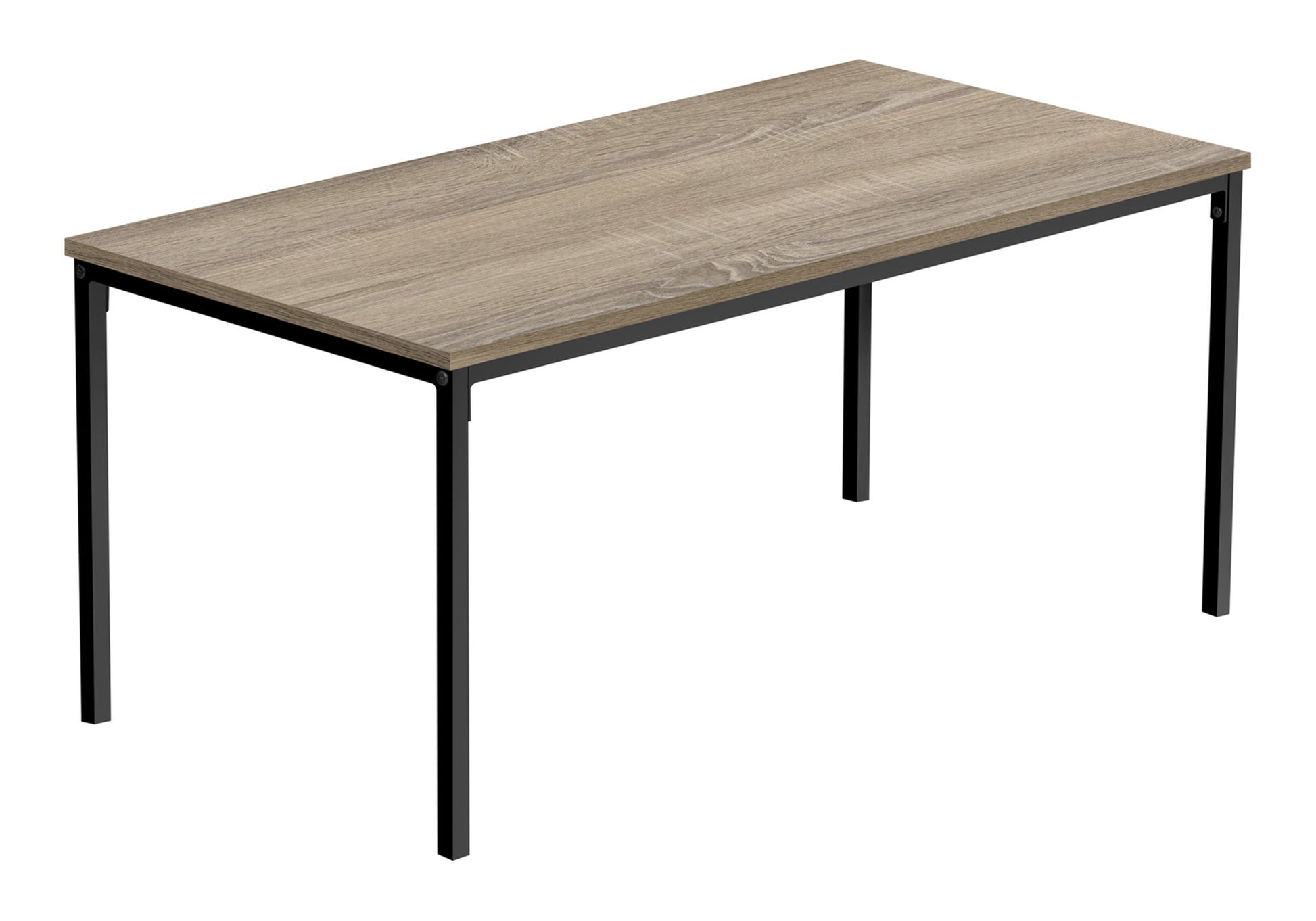 Modern wood grain desk with black metal frame for home office use