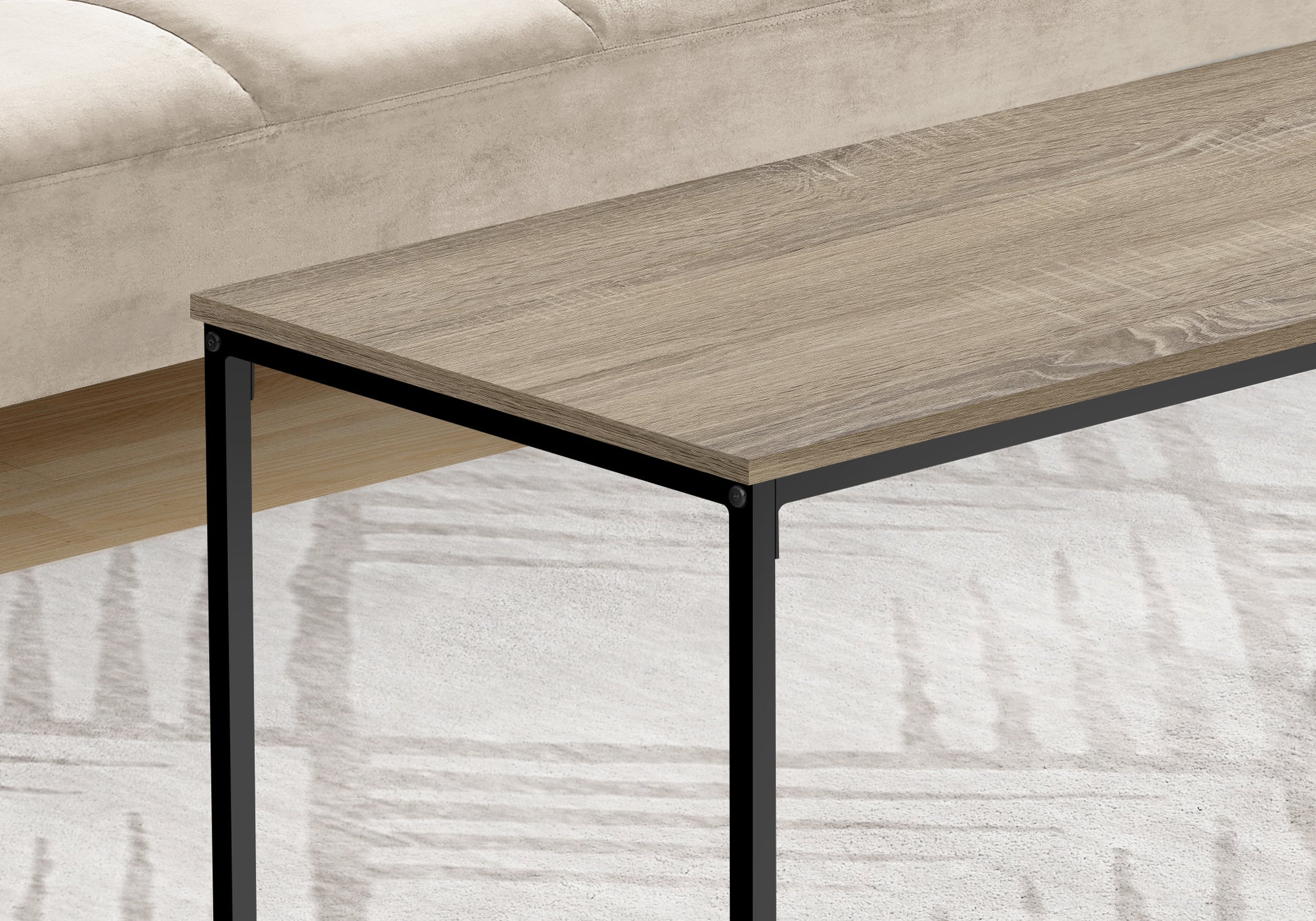 Light oak console table with black metal legs modern design