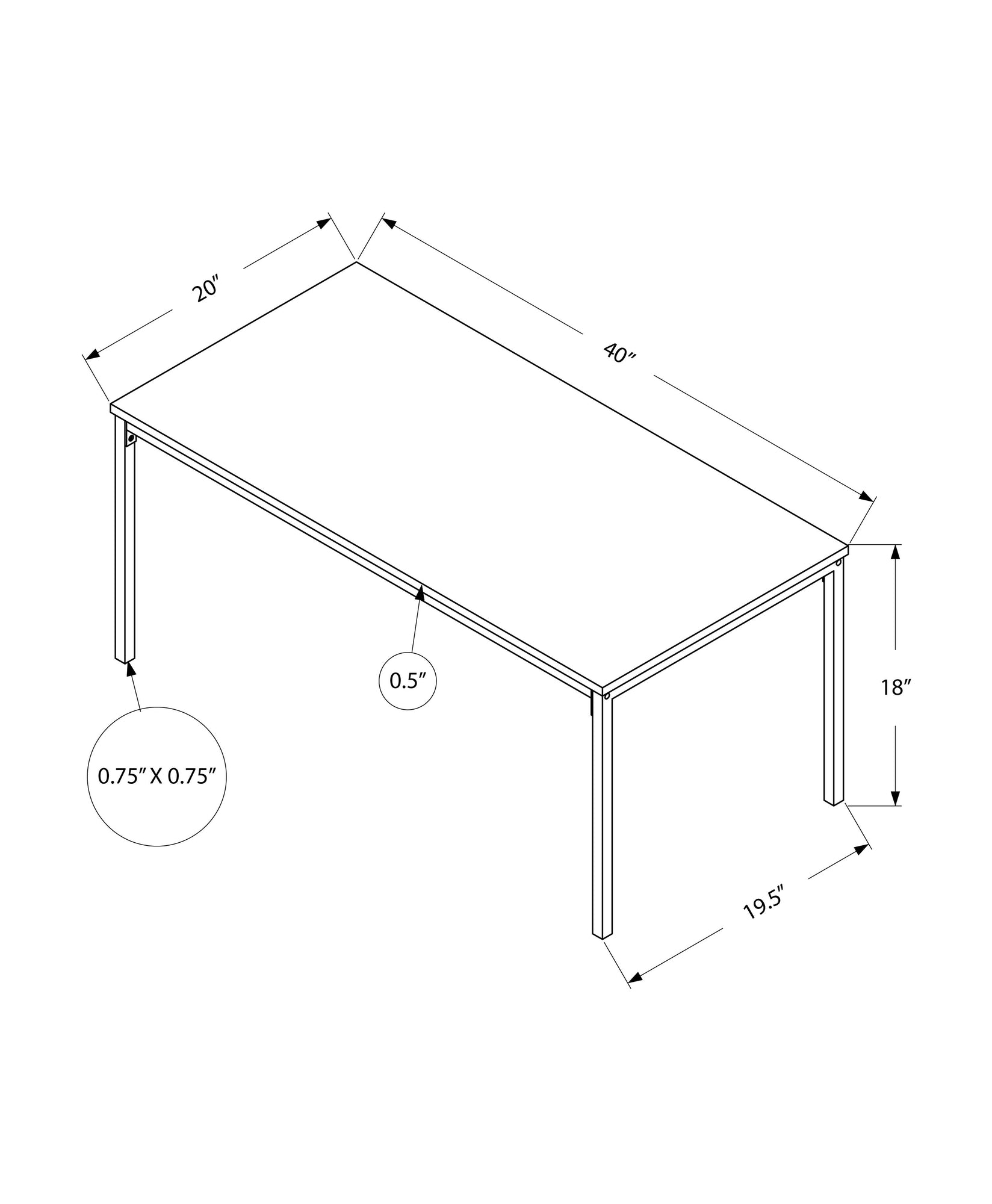 Diagram of a  L x  W x  H modern dining table with thin metal legs ideal for small spaces