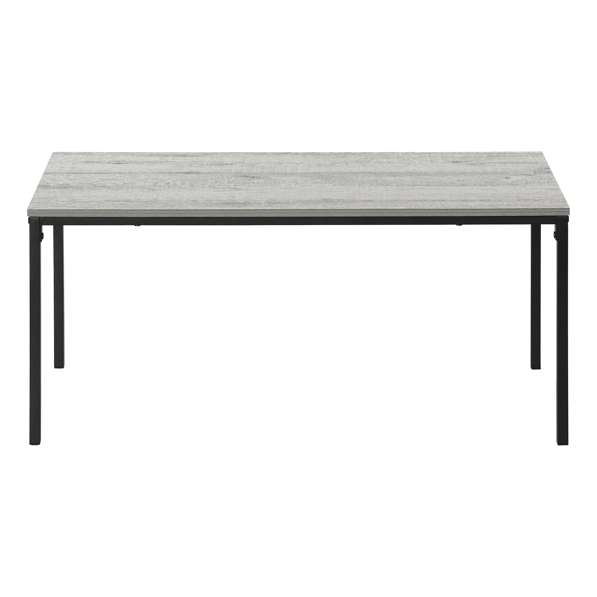 Industrial style dining table with grey wood grain top and black metal legs