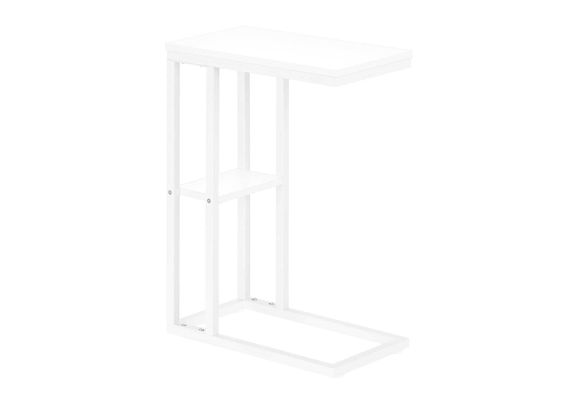 White ctable with metal frame and two shelves perfect for small spaces