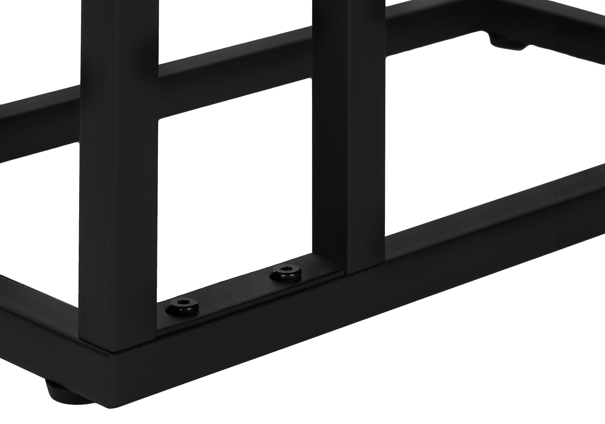 Black metal shelf frame with visible support screws and rectangular tubing
