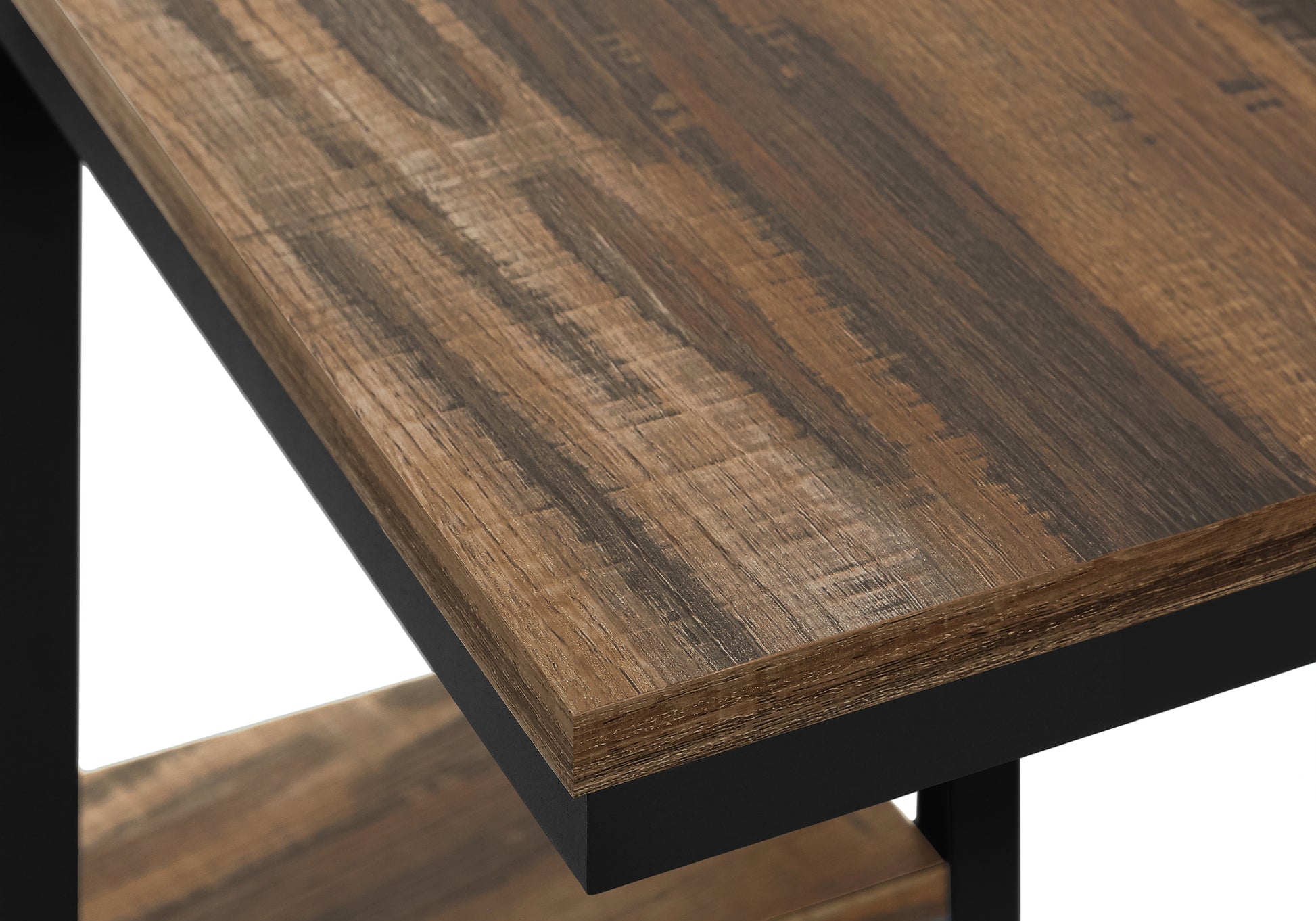 Rustic wood grain desk surface with black metal frame and shelf detail