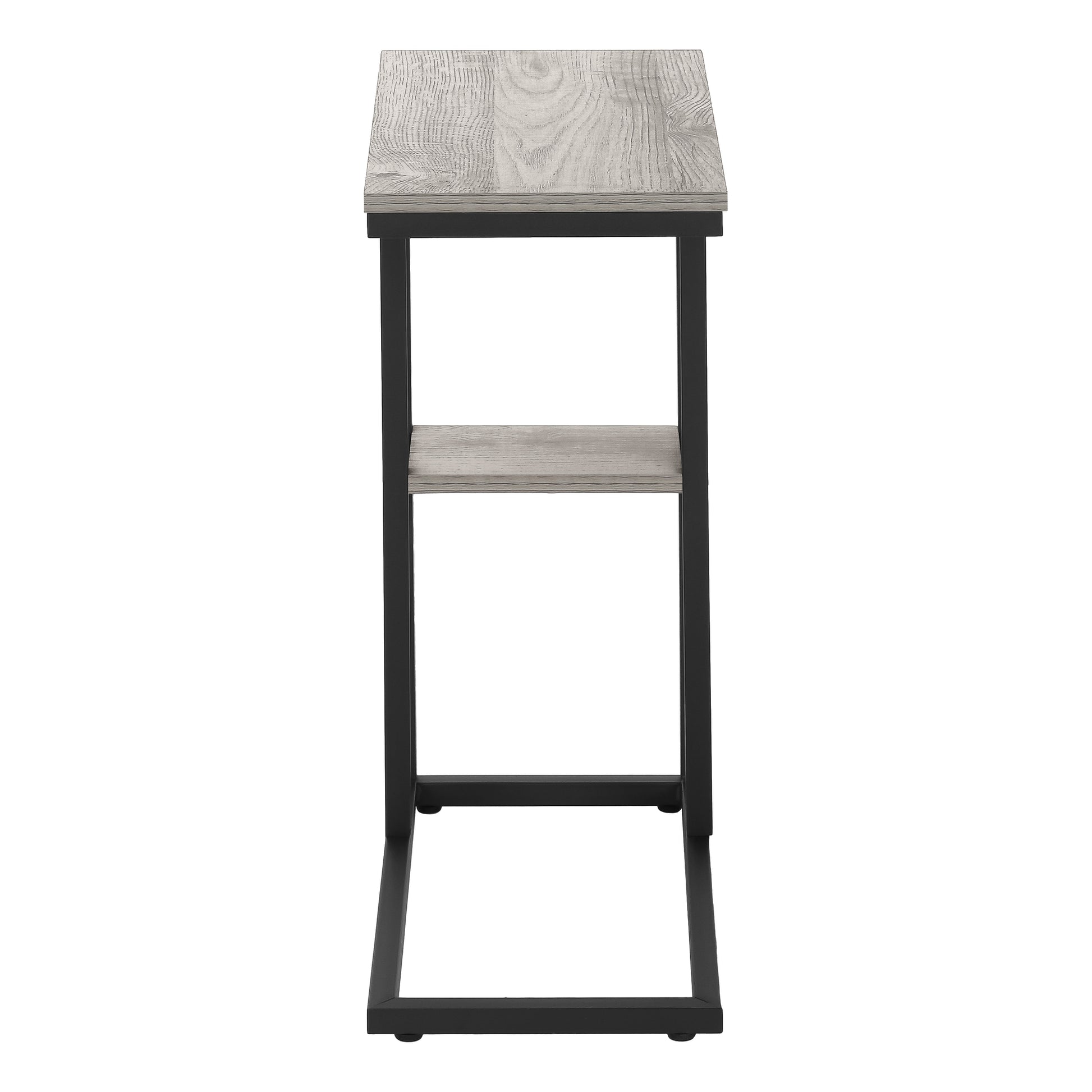 Gray wash wood grain side table with black metal frame and lower shelf