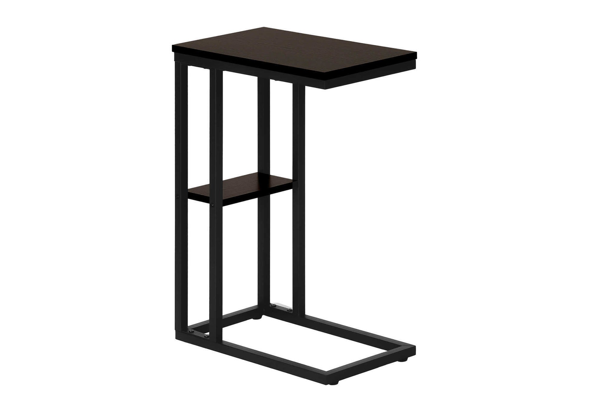 Compact Ctable with dark wood finish and black metal frame perfect for sofa use